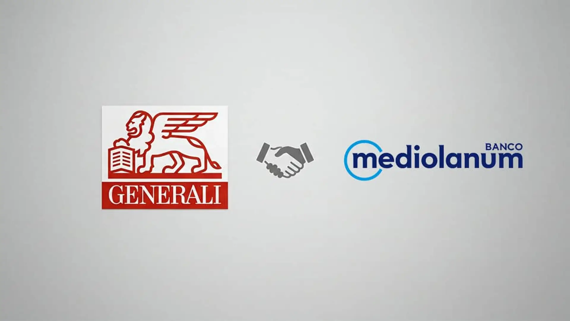 Logos de Generali y Banco Mediolanum unidos por un icono de apretón de manos sobre fondo claro