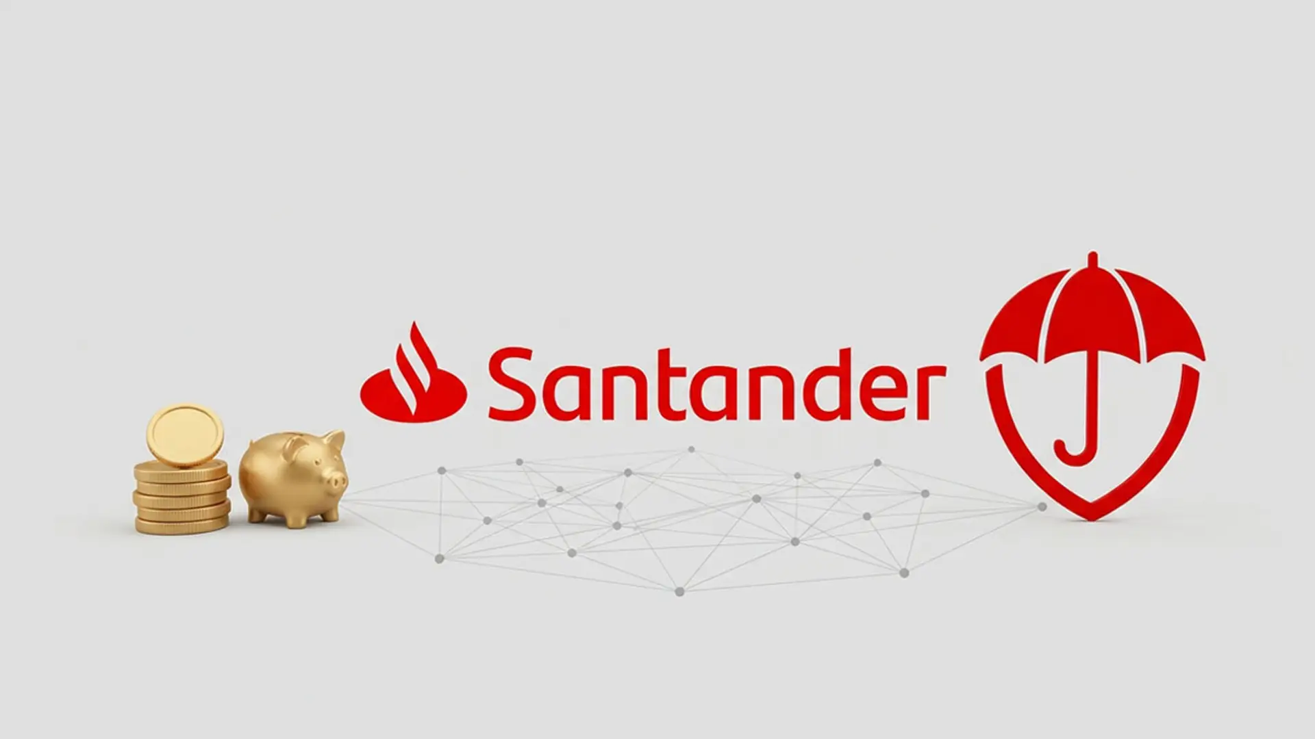 Logotipo de Santander junto a un icono de seguro, una hucha, monedas y una red de conexión sobre fondo claro