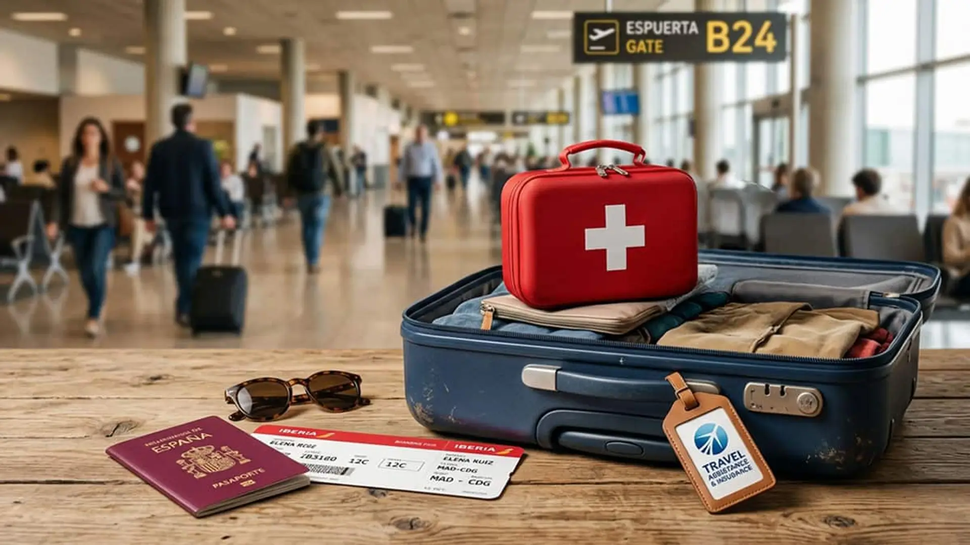 Iris Global refuerza su seguro de viaje con 1 millón de euros en gastos médicos y y nuevos límites de edad Maleta abierta con un botiquín de primeros auxilios encima, junto a un pasaporte, una tarjeta de embarque y unas gafas en una terminal de aeropuerto
