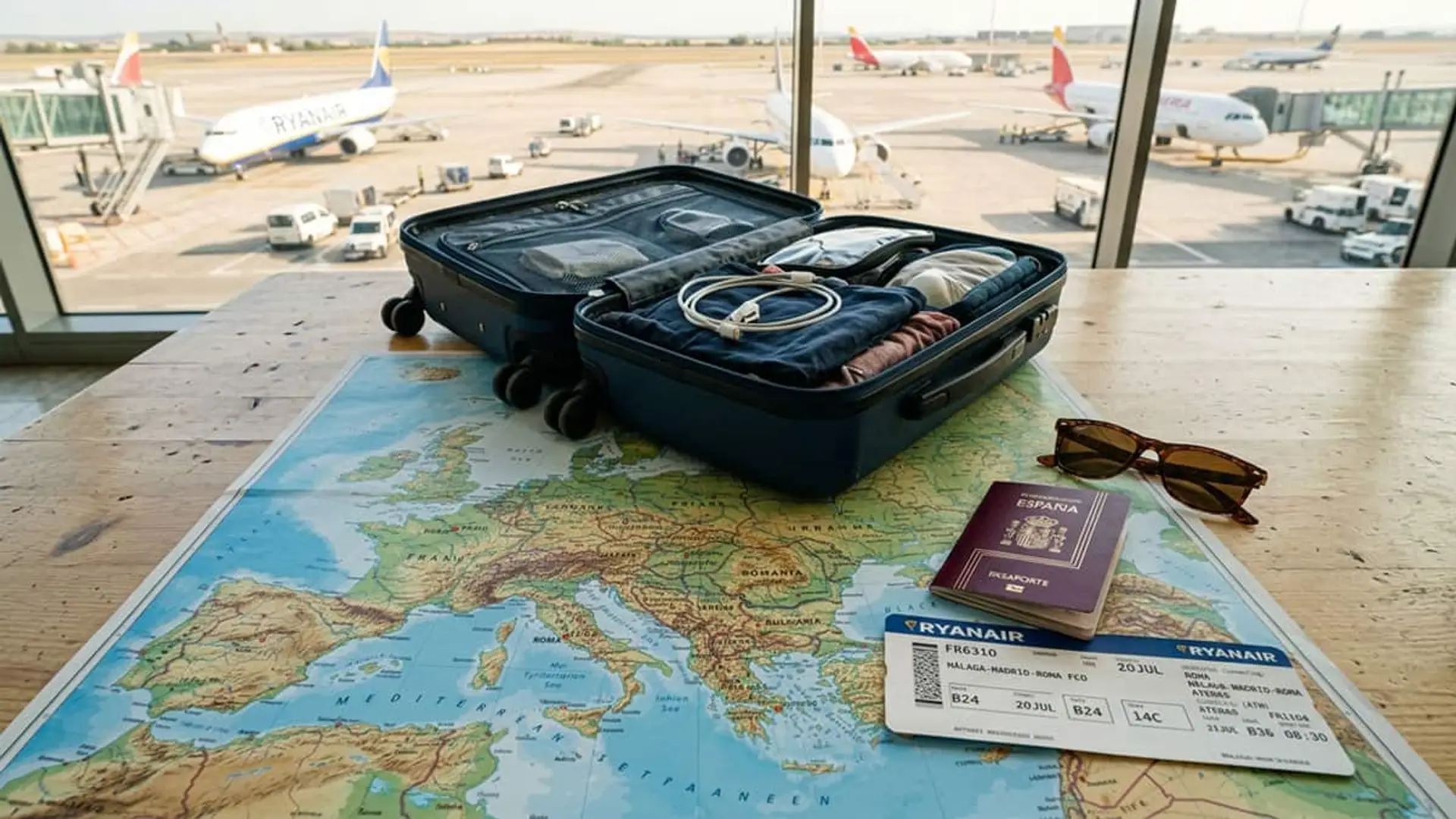 “Viajar por Europa no significa que el seguro sobre”: el aviso de un experto en pólizas de viaje Maleta abierta sobre un mapa de Europa en un aeropuerto, junto a un pasaporte español, unas gafas de sol y una tarjeta de embarque