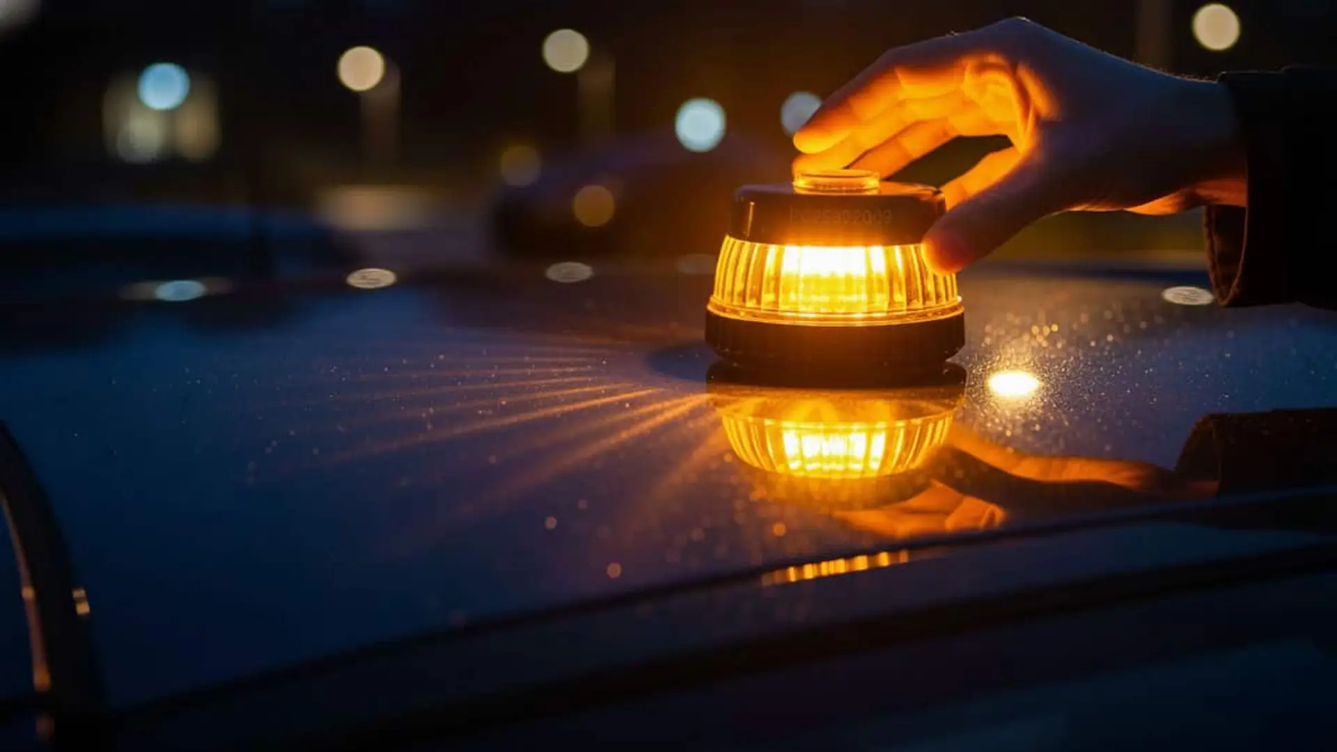 El error con la baliza V16 que tu aseguradora no perdonará en 2026 (y tu bolsillo tampoco) Una mano colocando una baliza V16 encendida sobre el techo de un coche al anochecer.