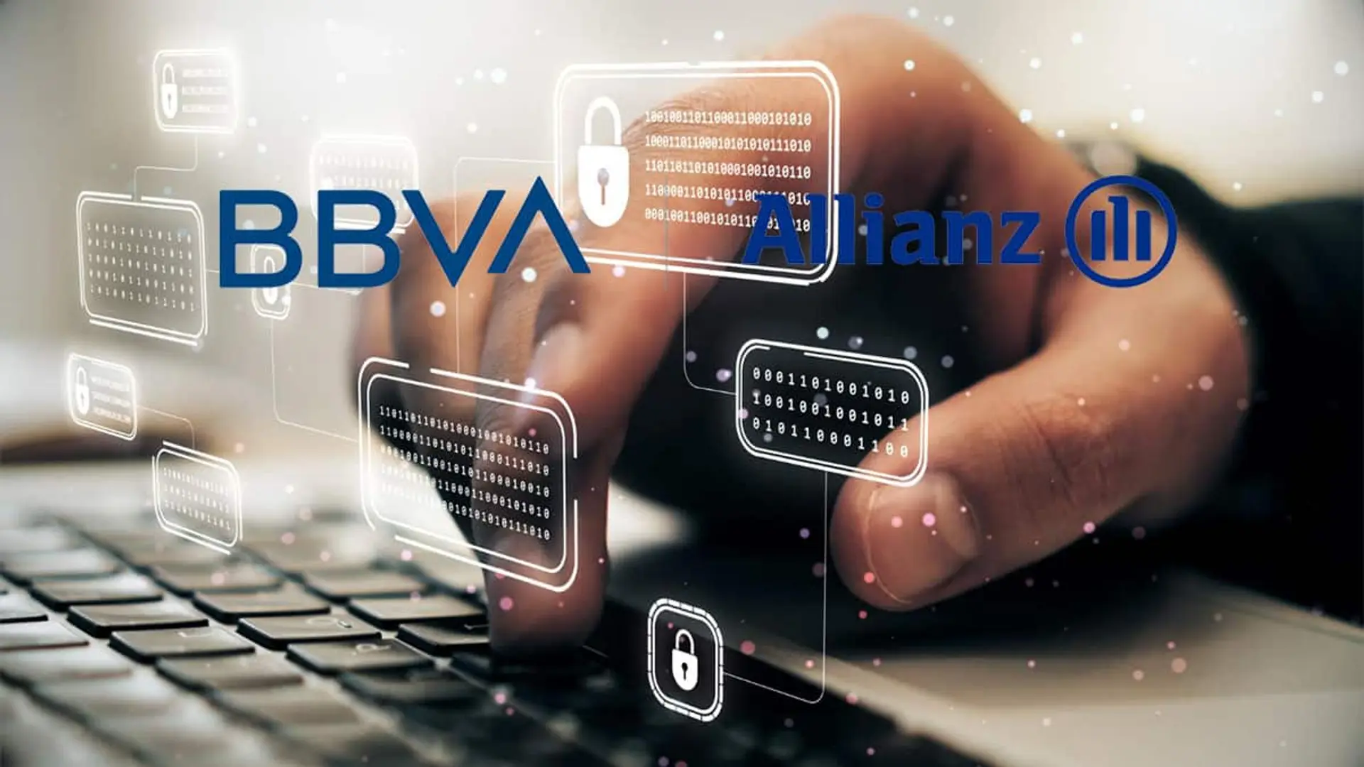 Mano sobre un teclado con iconos de ciberseguridad y los logotipos de BBVA y Allianz sobre la imagen