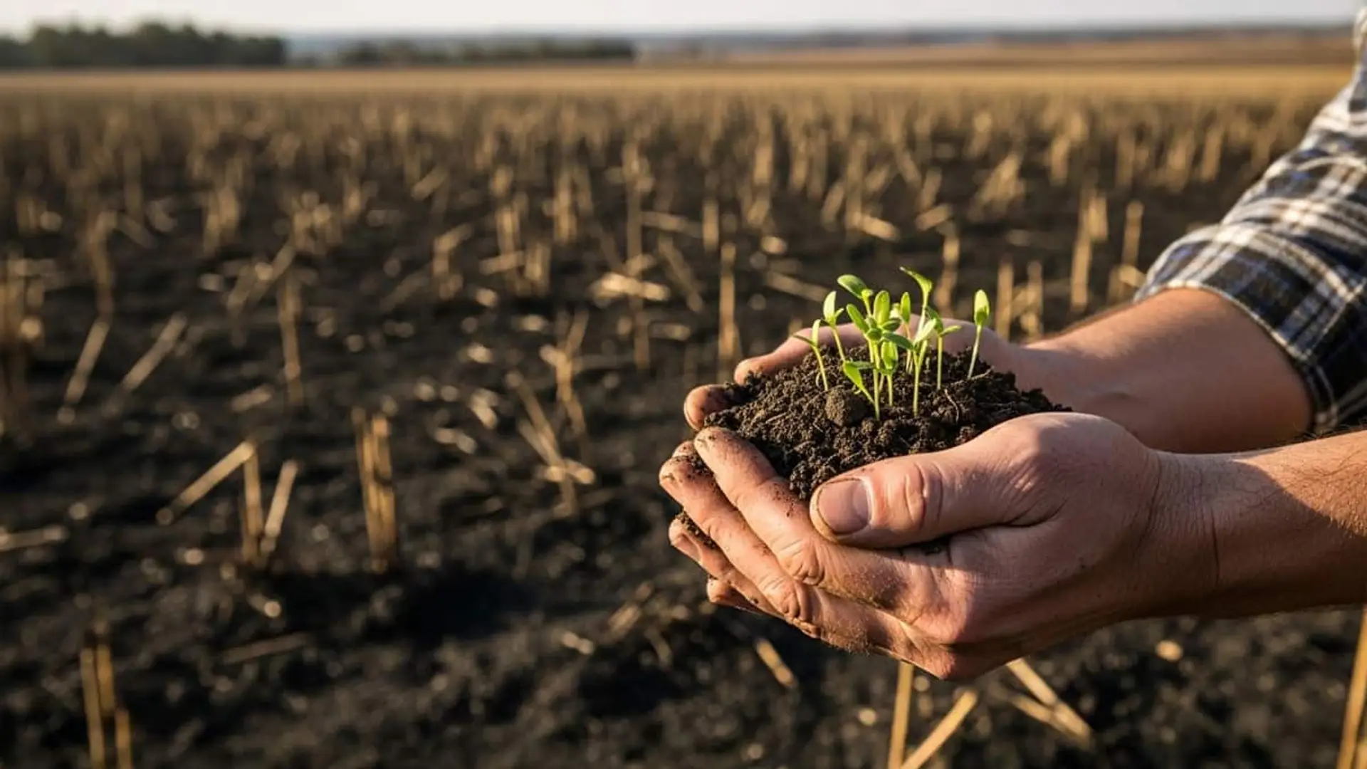 Agricultura subvencionará hasta el 70% del seguro agrario para daños por grandes incendios Un agricultor sostiene unos brotes verdes con un campo quemado de fondo.