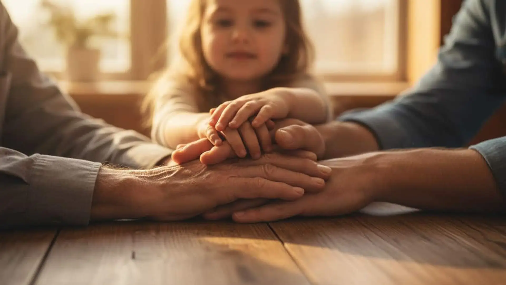 Casi la mitad de españoles tiene seguro de decesos: Cádiz lidera con casi un 80% de asegurados Manos de diferentes generaciones unidas sobre una mesa, representando protección, solidaridad y cariño familiar.