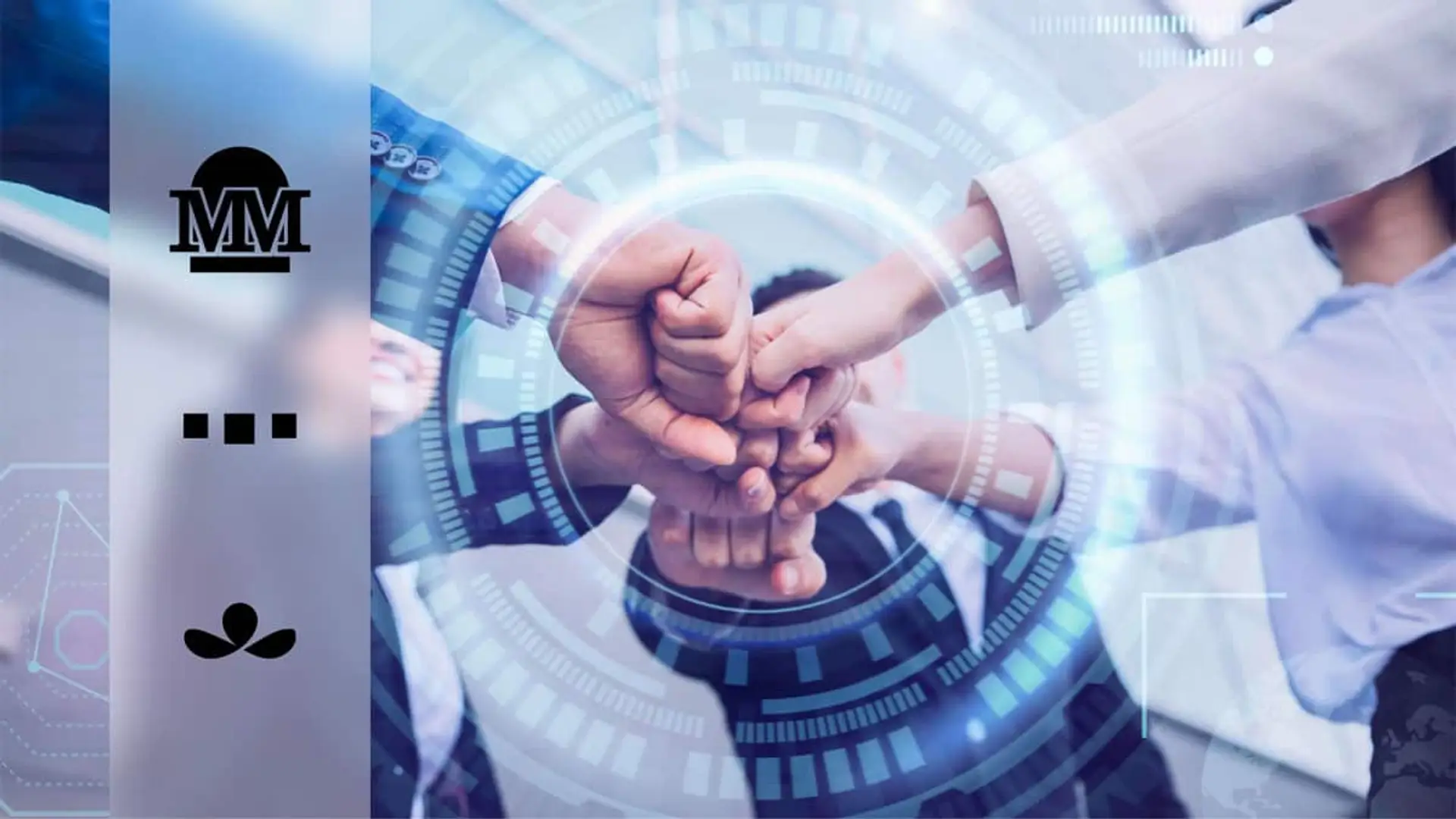 Puños de varias personas unidos con los logotipos de Mutua Madrileña, Santalucía y Mapfre a la izquierda