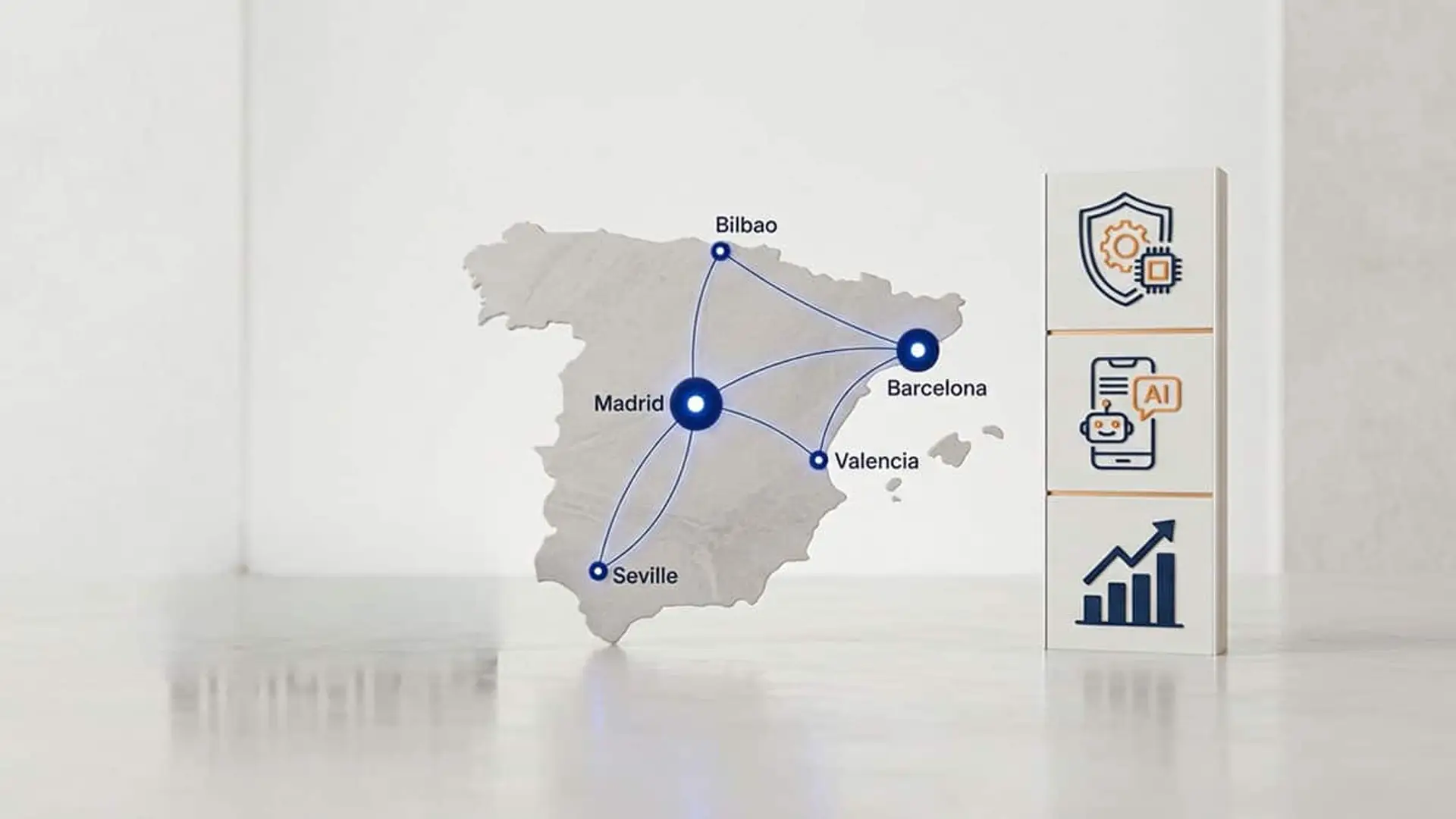 El seguro digital gana peso en España: 107 insurtechs y 2.357 empleos Mapa de España con conexiones entre ciudades y tres bloques con iconos de ciberseguridad, inteligencia artificial y crecimiento