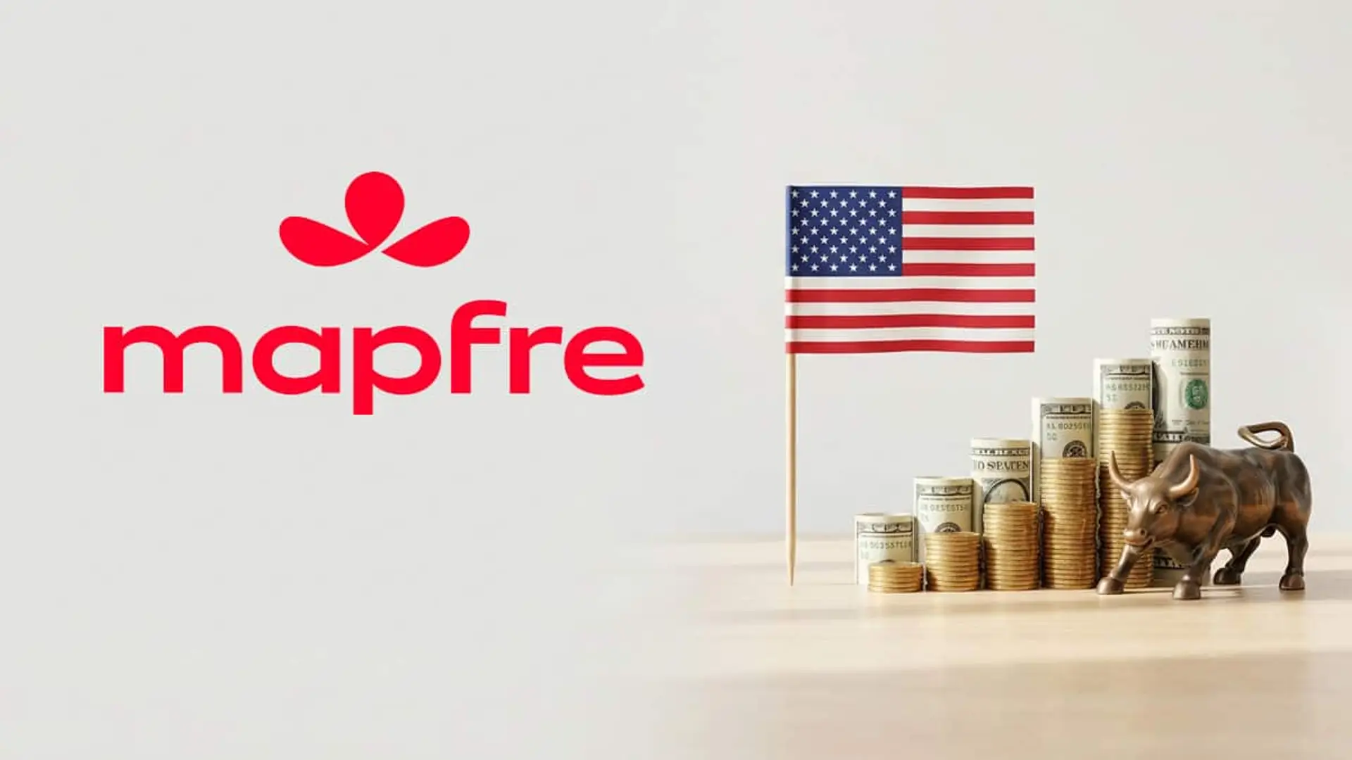 Logotipo de Mapfre junto a la bandera de Estados Unidos, pilas de monedas, billetes de dólar y una figura de toro