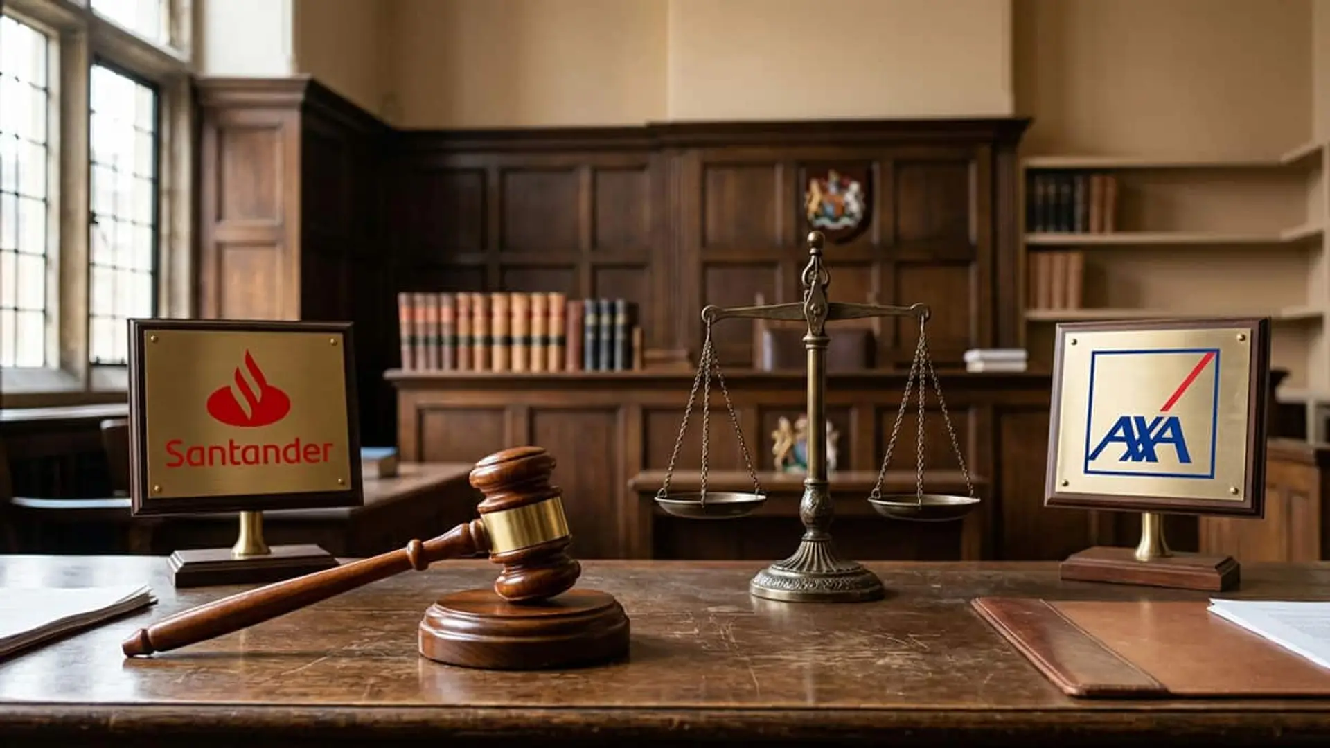 Mazo y balanza de justicia entre los logotipos de Santander y AXA