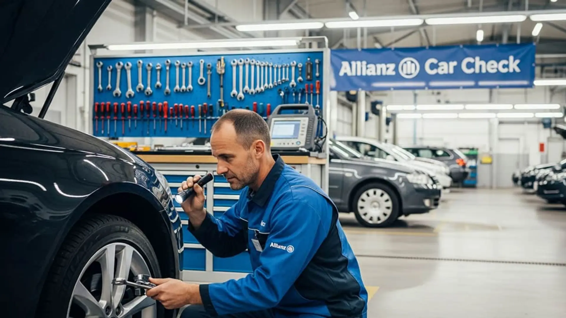 ¿Tienes seguro de coche con Allianz? El beneficio gratuito que debes aprovechar antes de esta fecha Mecánico revisando un vehículo en un taller de Allianz. Servicio de revisión y mantenimiento para coches asegurados.
