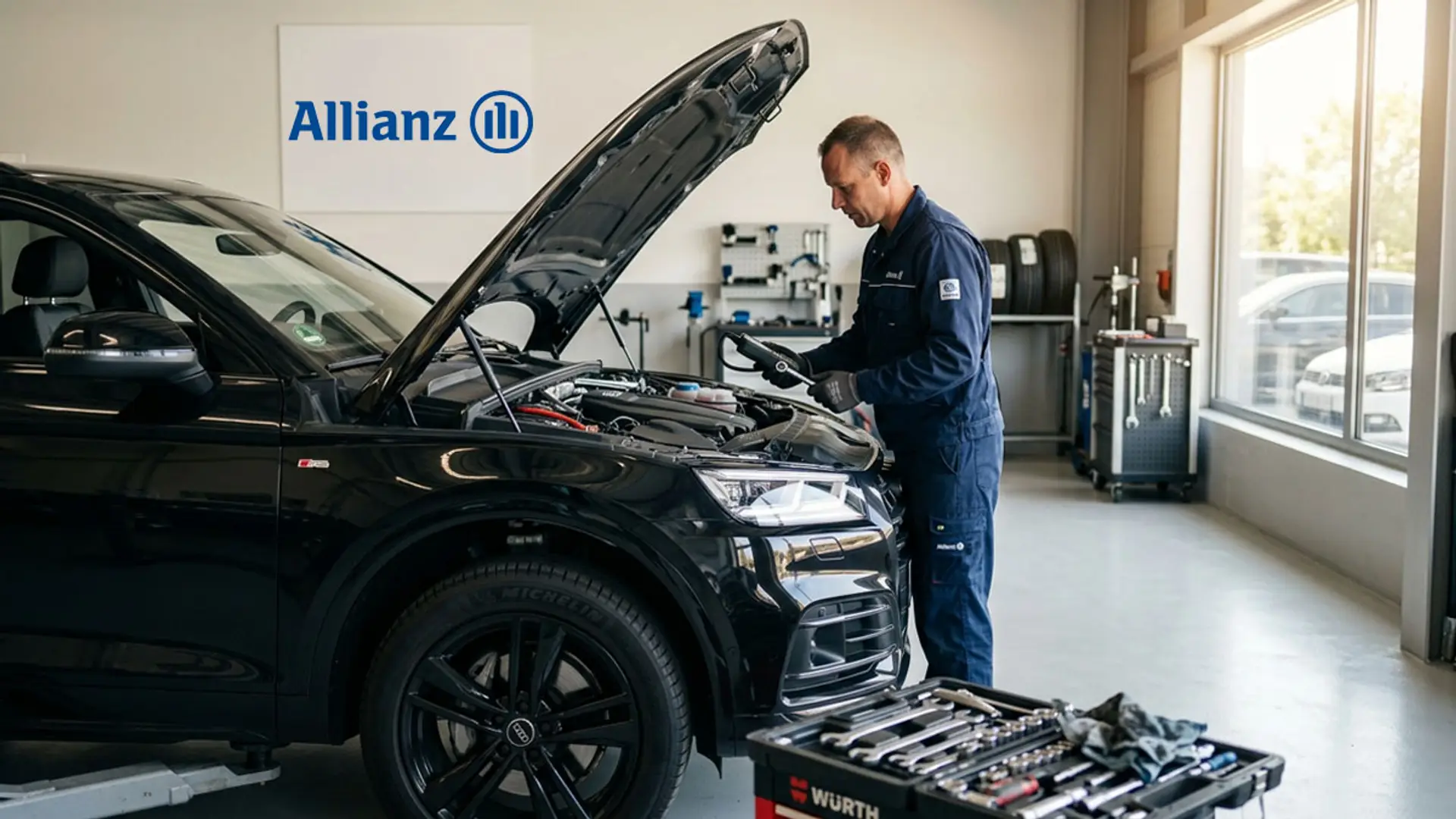Mecánico revisando un coche con el capó abierto en un taller y el logotipo de Allianz al fondo
