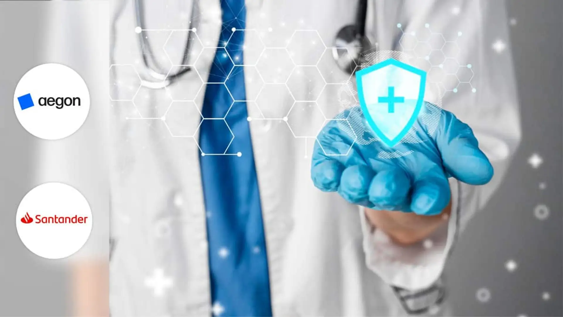Cómo la alianza de Aegon con el Santander elevó su beneficio: más clientes, menos partes y seguros sin hipotecas de por medio Médico con un escudo médico digital y los logotipos de Aegon y Santander a la izquierda