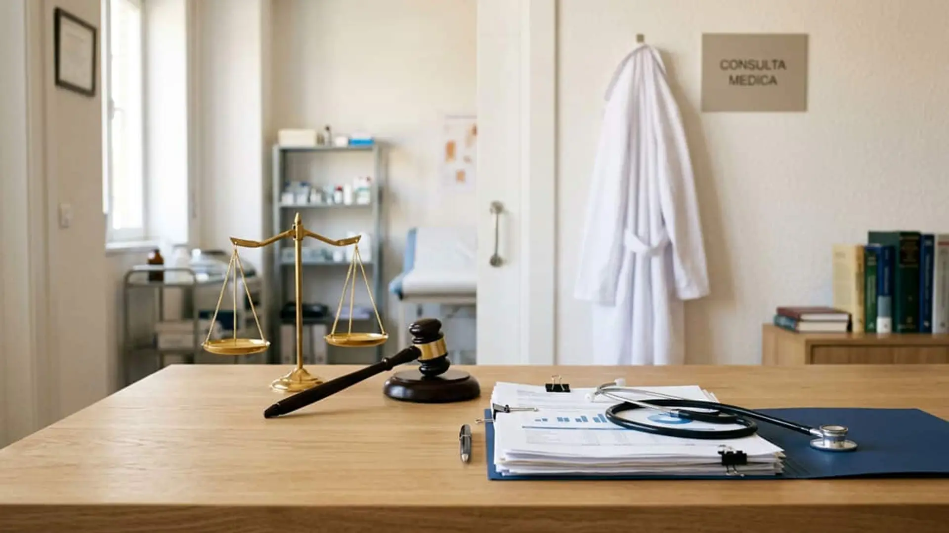 Doble crisis en Muface: la ofensiva judicial de los médicos privados y el pulso con los sindicatos Mesa con una balanza, un mazo judicial y documentación médica con un estetoscopio, frente a una consulta médica