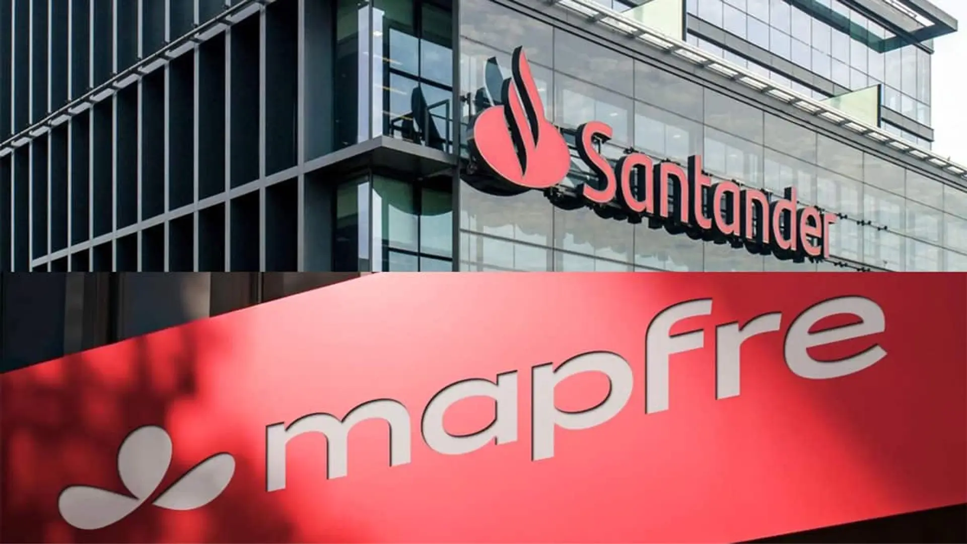 Fachadas de edificios corporativos del Banco Santander y Mapfre en una composición a pantalla dividida de manera horizontal.