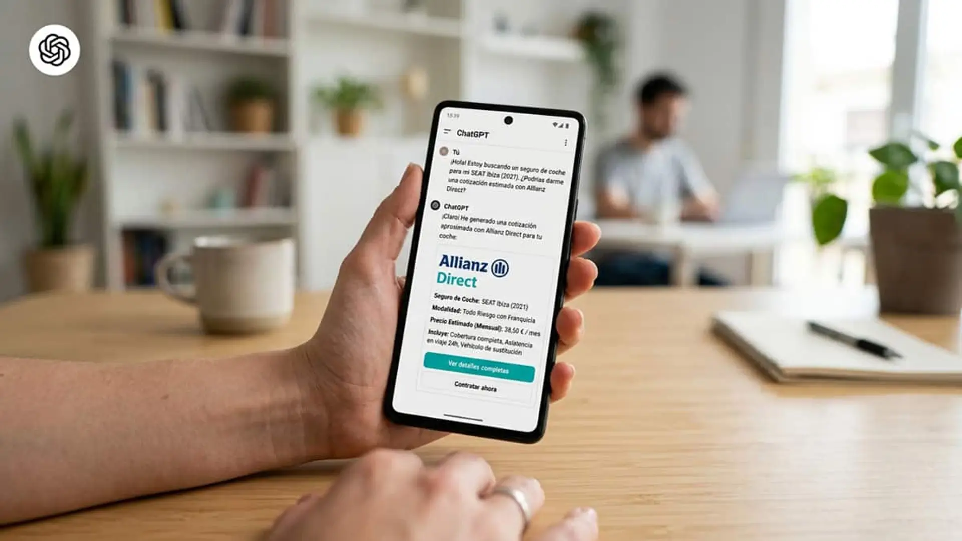 Describe tu coche en ChatGPT y recibe precios de seguros al instante: el nuevo explorador de Allianz Direct Móvil mostrando ChatGPT con una cotización de seguro de Allianz Direct