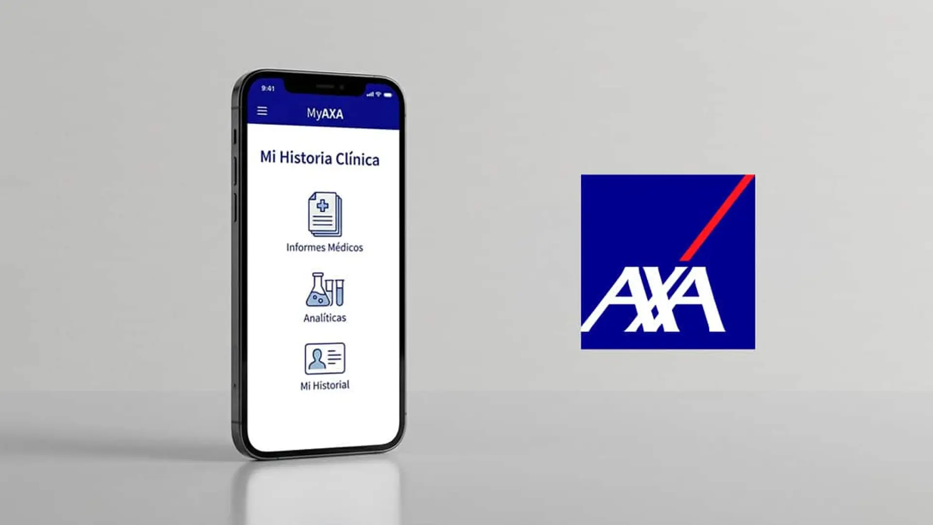 Móvil con la app MyAXA mostrando la historia clínica digital junto al logotipo de AXA sobre fondo claro