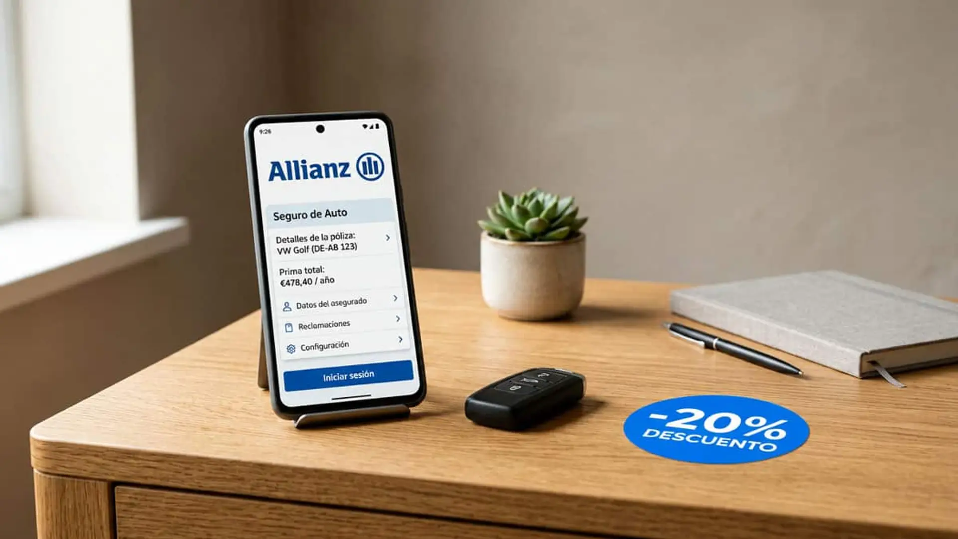 Móvil con una póliza de seguro de coche de Allianz junto a una llave de vehículo y un descuento del 20%