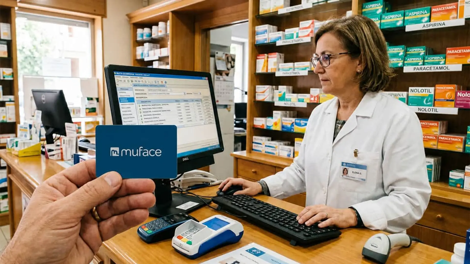 Farmacéutica gestionando receta electrónica de MUFACE en farmacia con sistema digital