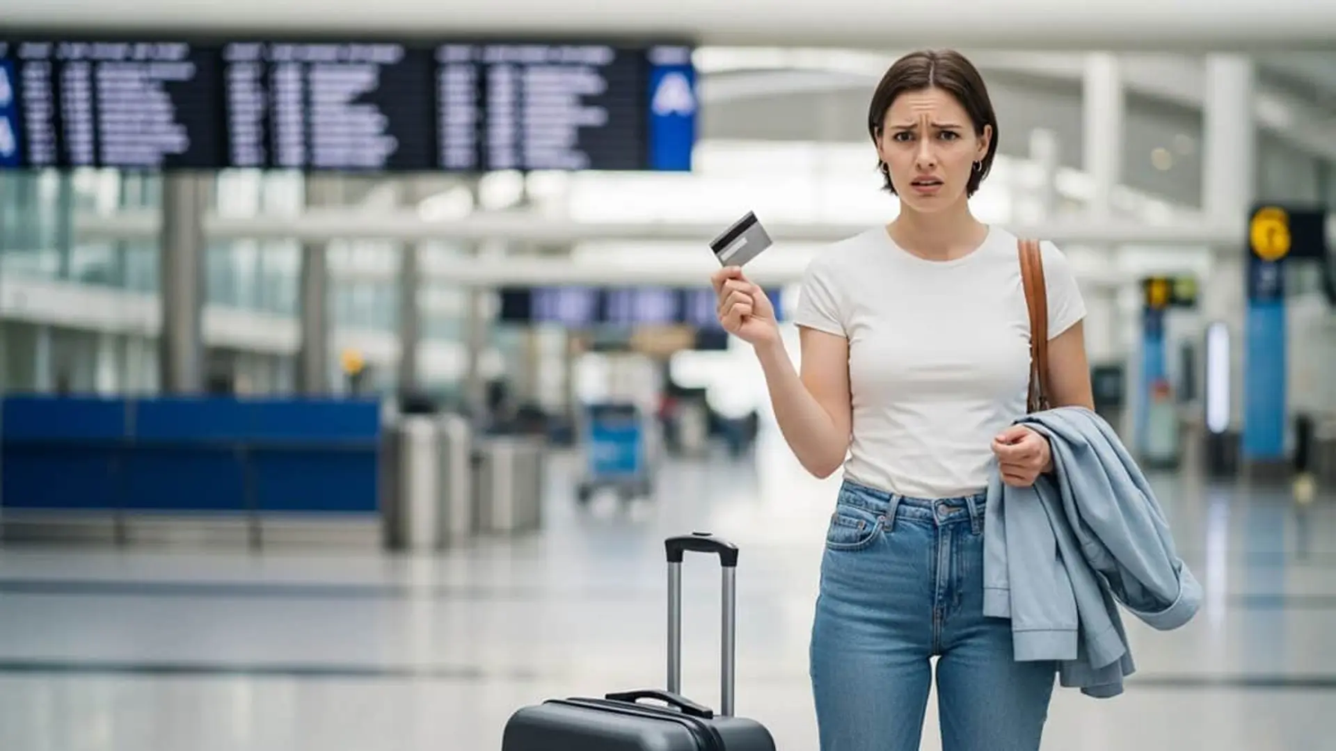 El seguro de viaje de tu tarjeta no siempre cubre lo que crees: qué incluye de verdad y qué no Mujer preocupada en aeropuerto con tarjeta de embarque y maleta, imagen sobre incidencias y seguro de viaje