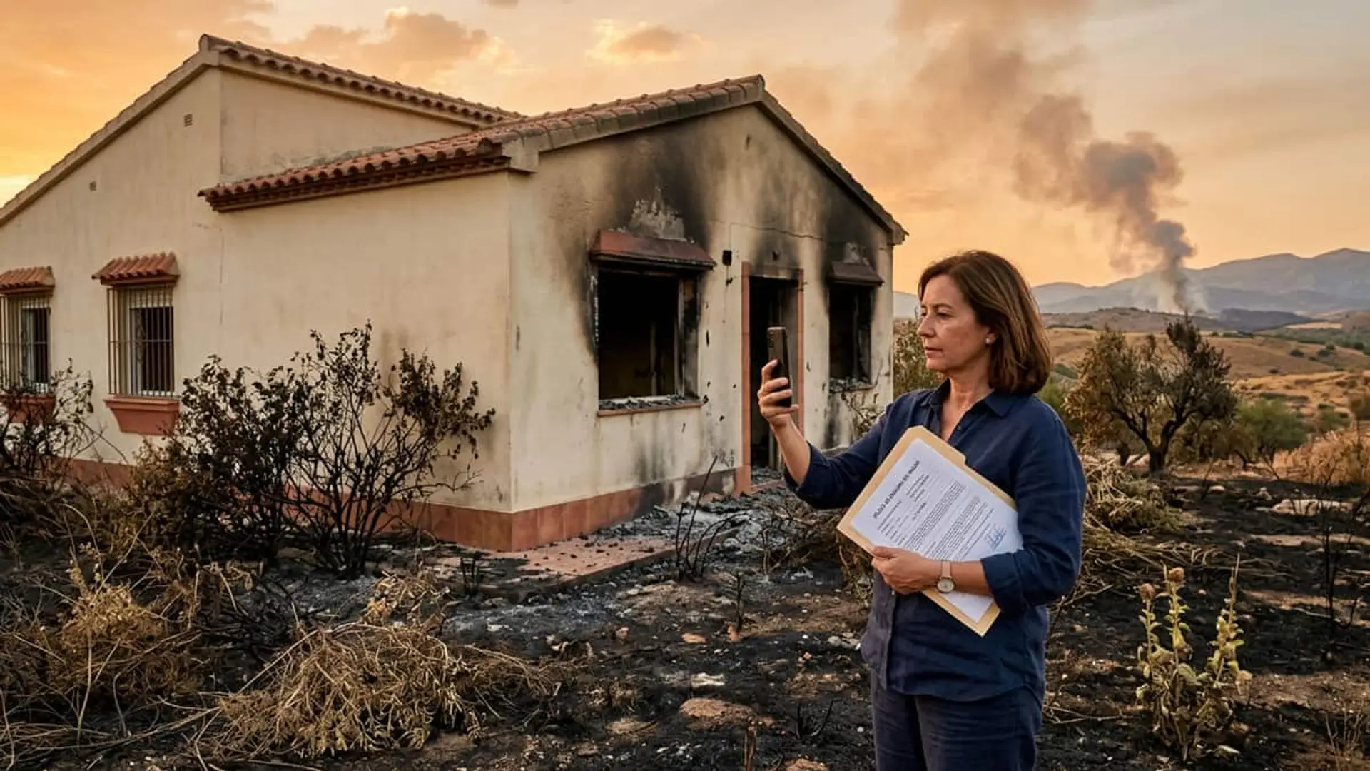 Mujer fotografiando con el móvil una vivienda dañada por un incendio mientras sostiene varios documentos