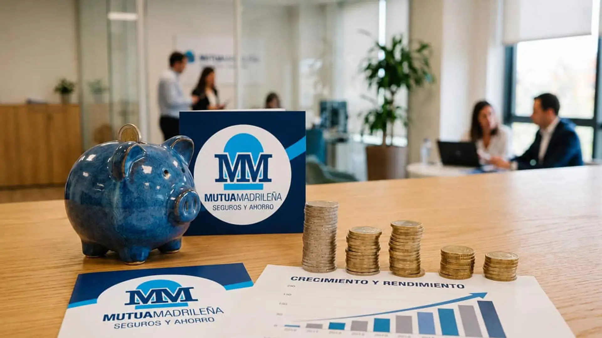 Hucha y monedas junto al logo de Mutua Madrileña y un gráfico de crecimiento y rendimiento