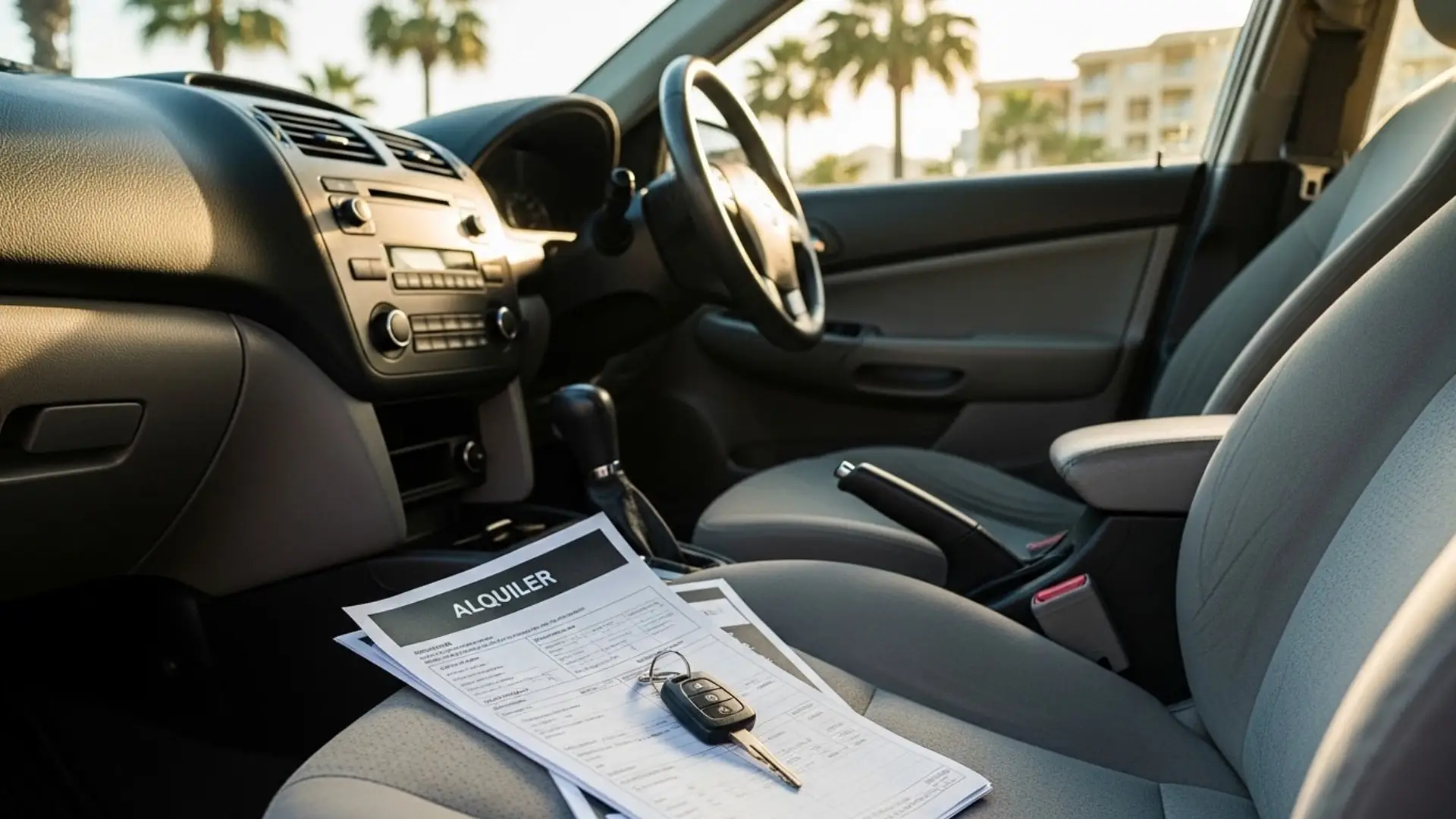 Interior de coche con contrato de alquiler y llaves sobre el asiento, listo para usar durante vacaciones