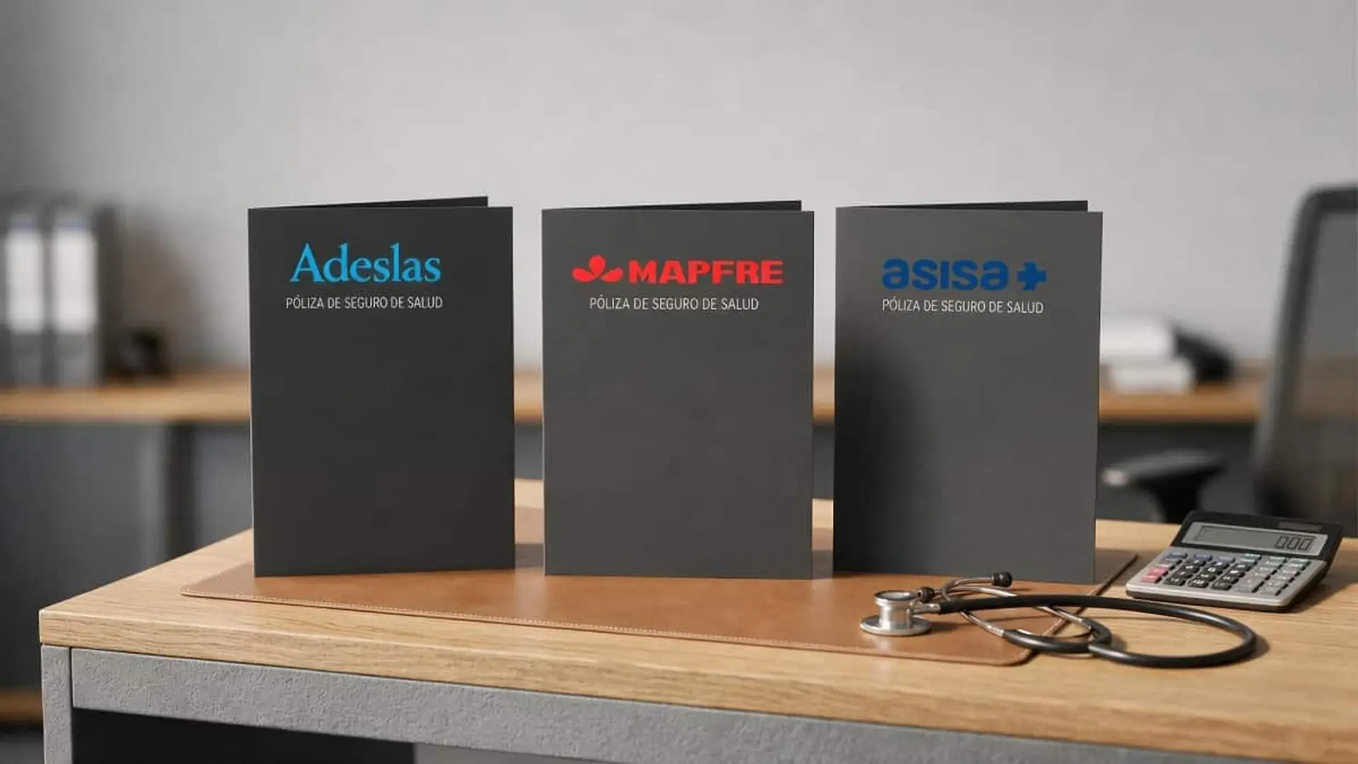 La lucha de Adeslas, Mapfre y Asisa: tres meses gratis, 45% de descuento o 300 euros en bonos Pólizas de salud de Adeslas, Mapfre y Asisa con etiquetas de descuento junto a un estetoscopio y una calculadora