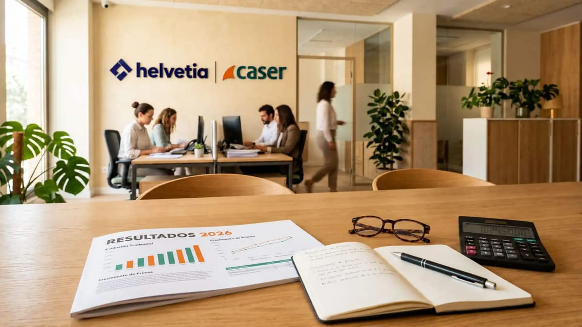 Oficina de Helvetia Caser con empleados trabajando y un informe de resultados de 2026 sobre la mesa