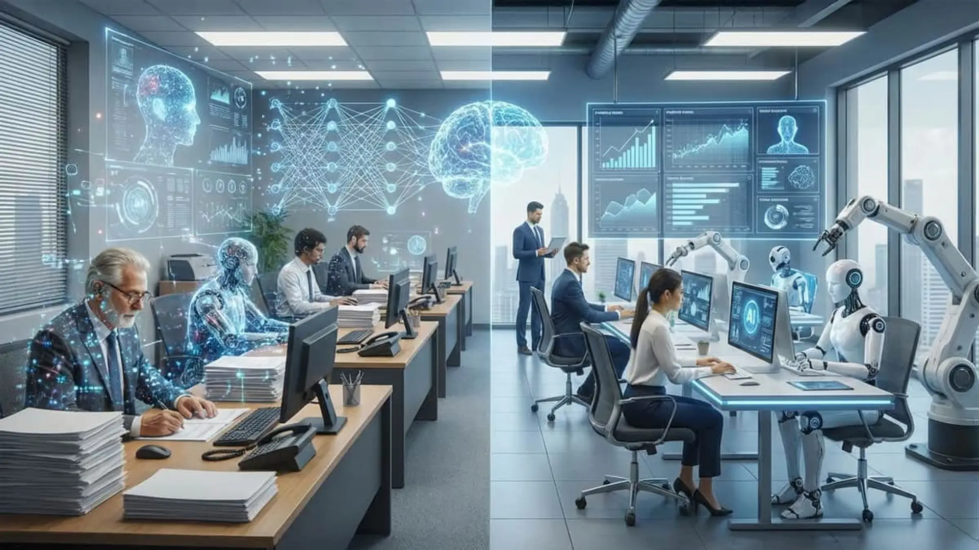 Cambios en siniestros y atención al cliente: así impacta la IA en las aseguradoras (y en sus trabajadores) Oficina futurista con robots y humanos trabajando juntos con inteligencia artificial y datos.