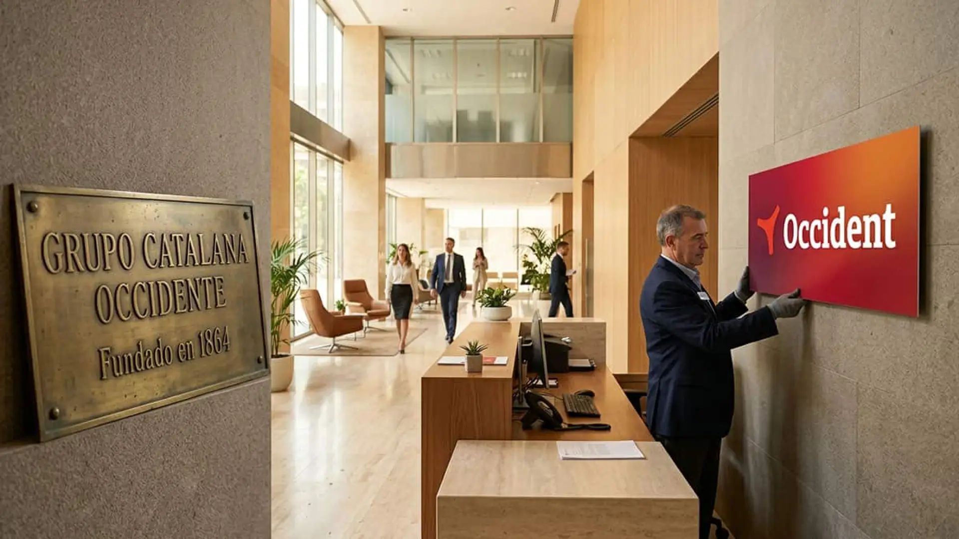 Oficinas del Grupo Catalana Occidente con su antigua placa corporativa y un empleado colocando el logotipo de Occident