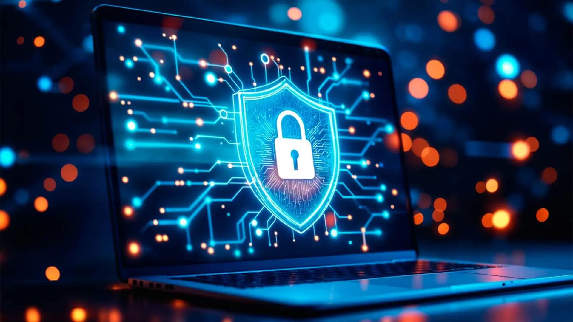 Telefónica presenta su nuevo Ciberseguro: protección digital en plena era del ciberataque Ordenador portátil con un candado digital sobre la pantalla que simboliza la ciberseguridad.