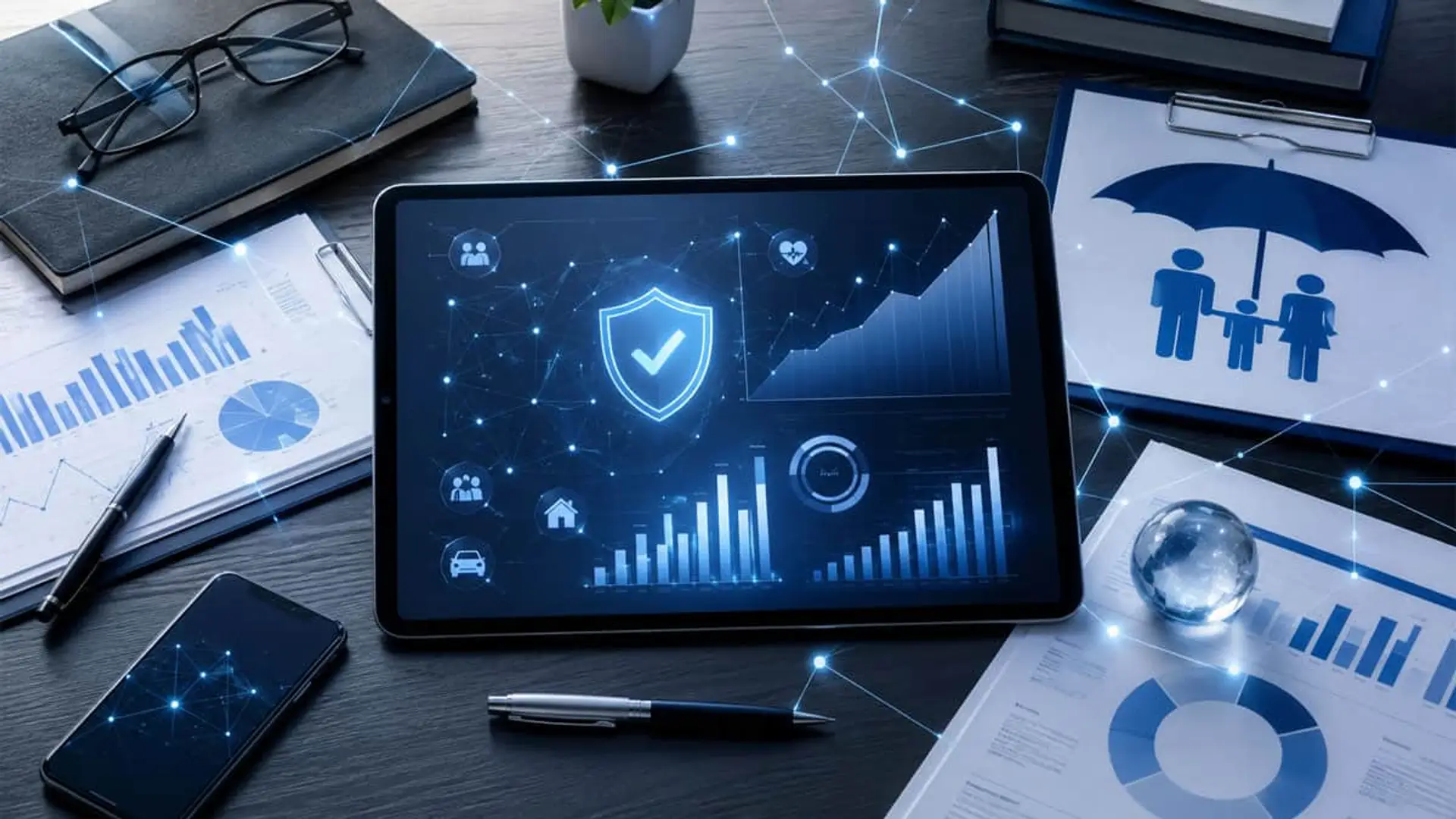 La IA mejora primas y reduce la siniestralidad, pero el 83% de las aseguradoras aún no sabe explotarla Panel digital de seguros con gráficos, protección familiar y análisis de riesgos en una oficina moderna.