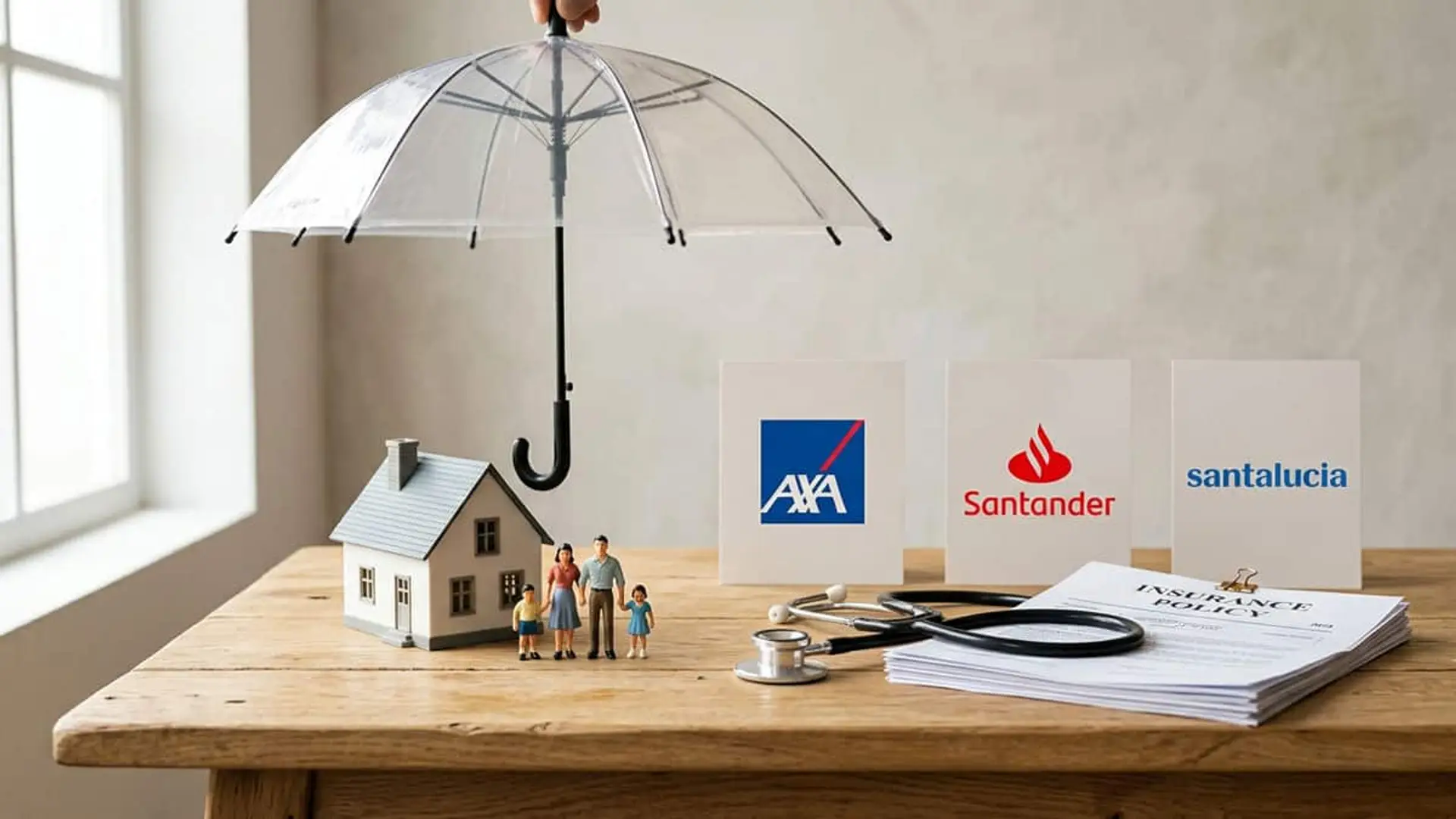Paraguas sobre una casa y una familia junto a los logos de AXA, Santander y Santalucía, un fonendoscopio y una póliza de seguros