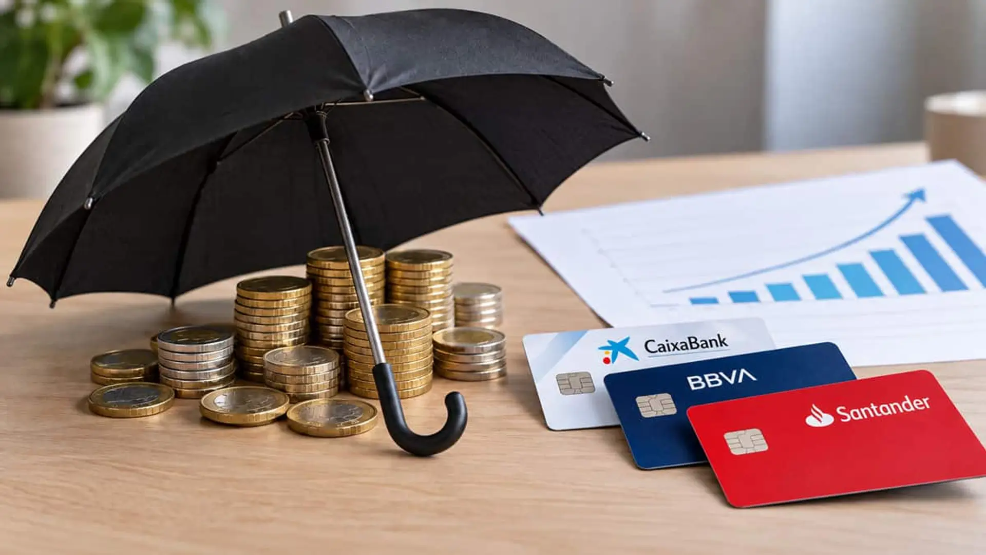 Paraguas negro abierto sobre varias pilas de monedas de euro, junto a tarjetas bancarias de CaixaBank, BBVA y Santander y un gráfico de barras ascendente sobre una mesa de madera.