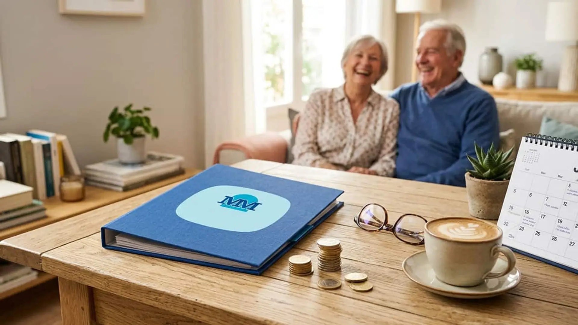 Pareja mayor sentada en un salón junto a una carpeta de Mutua Madrileña, monedas, un calendario y una taza de café