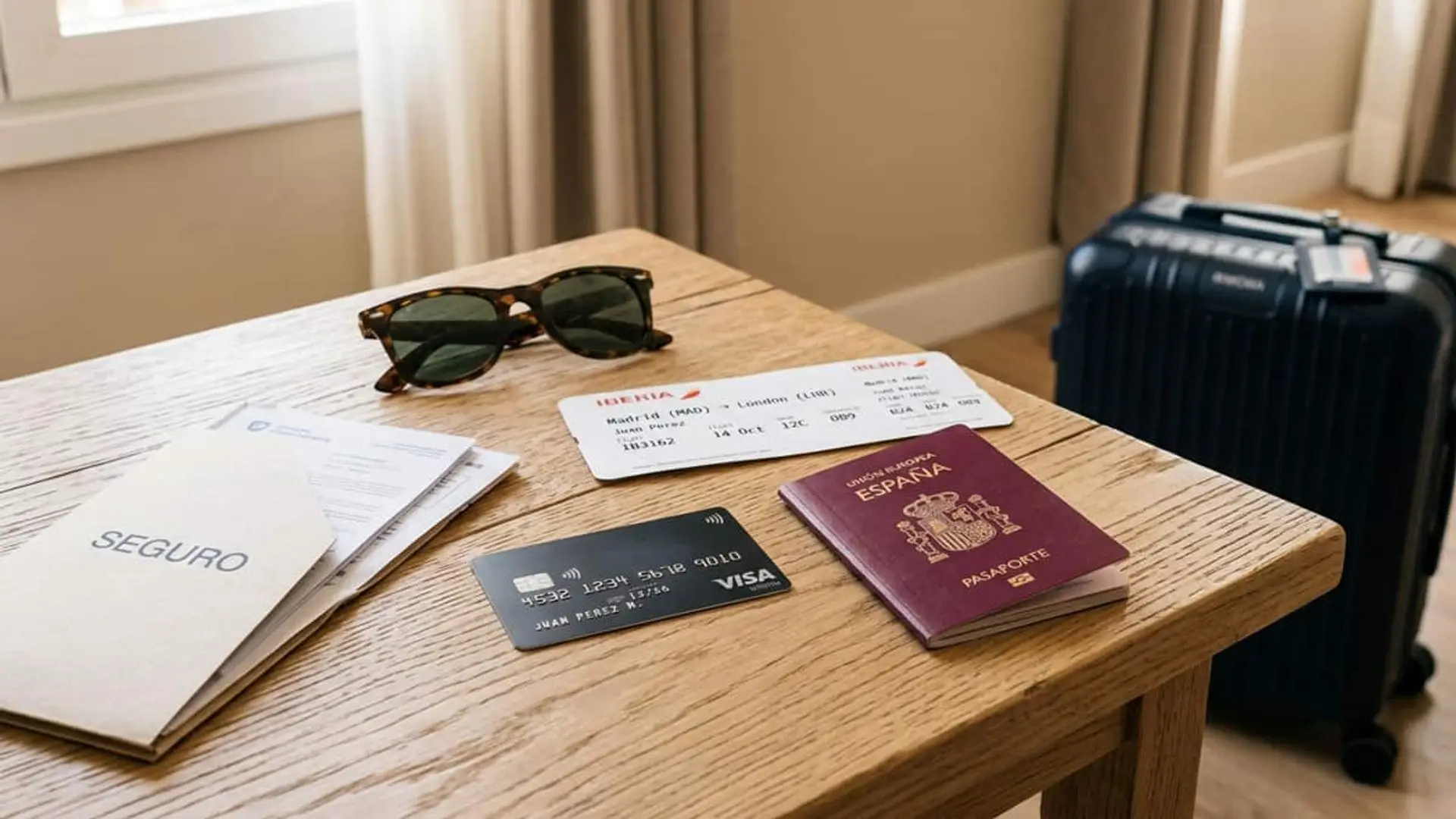 Decesos, salud y tarjetas premium: así podrían cubrir ya tu viaje sin que lo sepas Pasaporte español, tarjeta de embarque, documentos de seguro y tarjeta bancaria sobre una mesa junto a una maleta de viaje