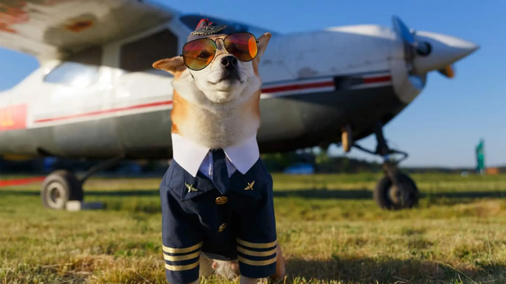 Perro con gafas de aviador y uniforme de piloto delante de una avioneta