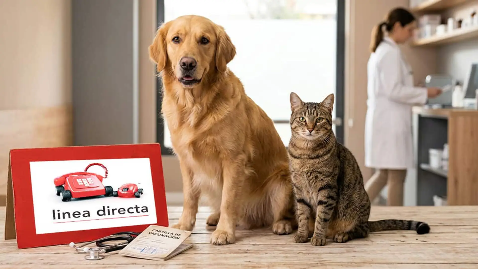 Perro y gato en una clínica veterinaria junto a un cartel de Línea Directa, un estetoscopio y una cartilla de vacunación