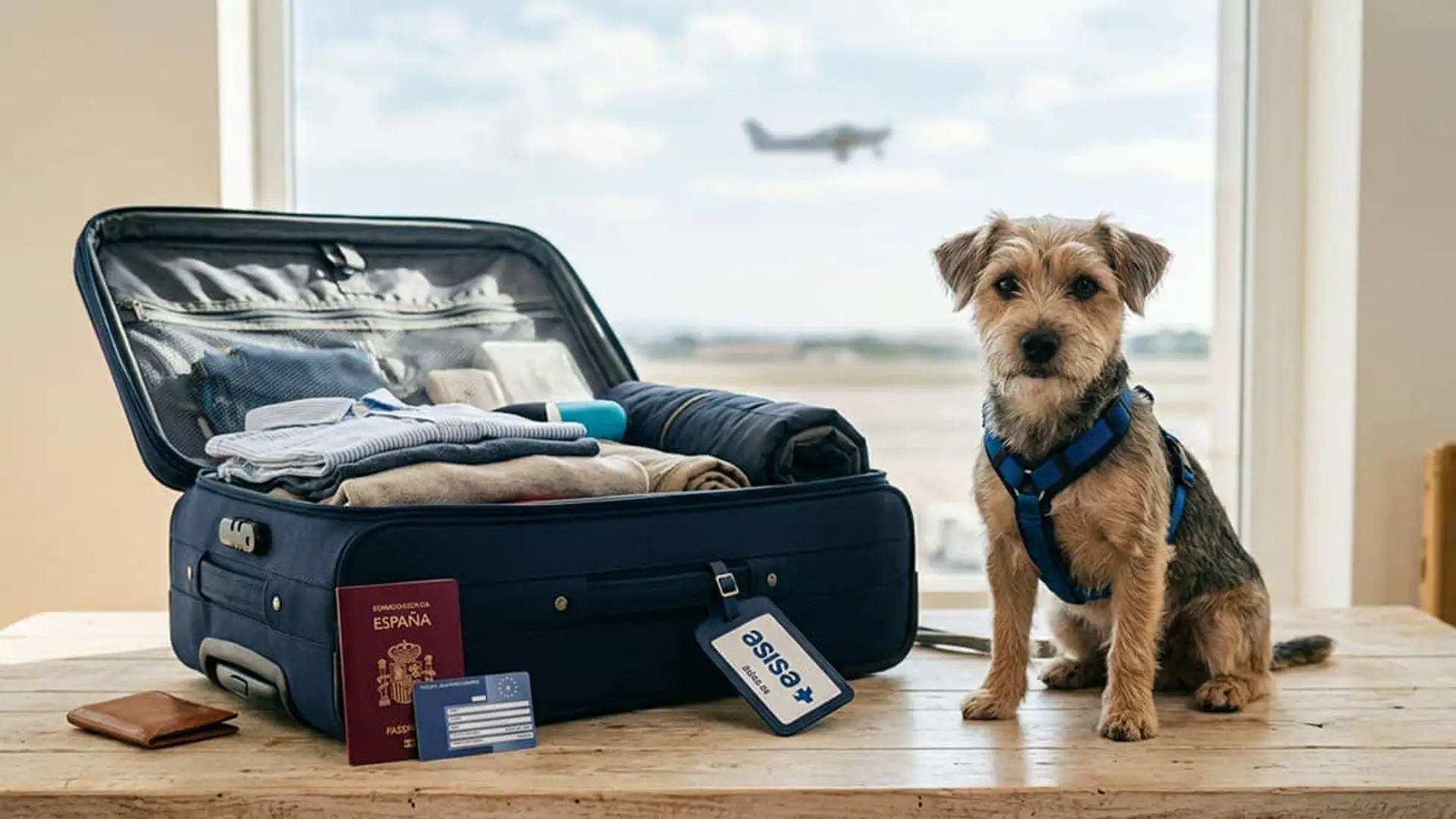 Asisa amplía su seguro de viaje: cobertura médica de un millón y asistencia veterinaria Perro con arnés sentado junto a una maleta abierta, un pasaporte, una tarjeta sanitaria europea y una etiqueta de Asisa