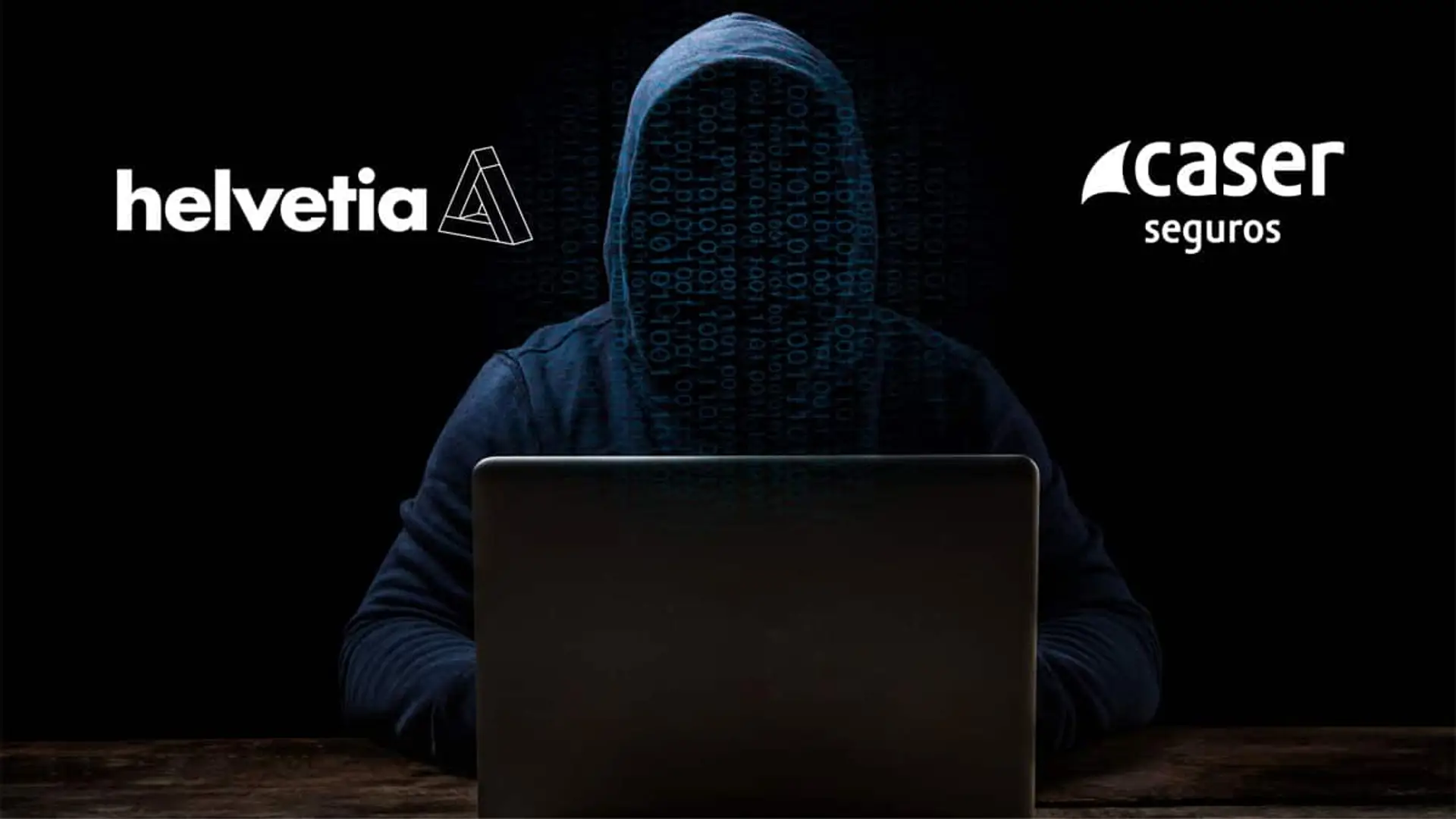 Los datos de 2,5 millones de clientes de Helvetia Caser, a la venta en la dark web: esto es lo que se ha filtrado Persona encapuchada frente a un portátil con los logotipos de Helvetia y Caser Seguros