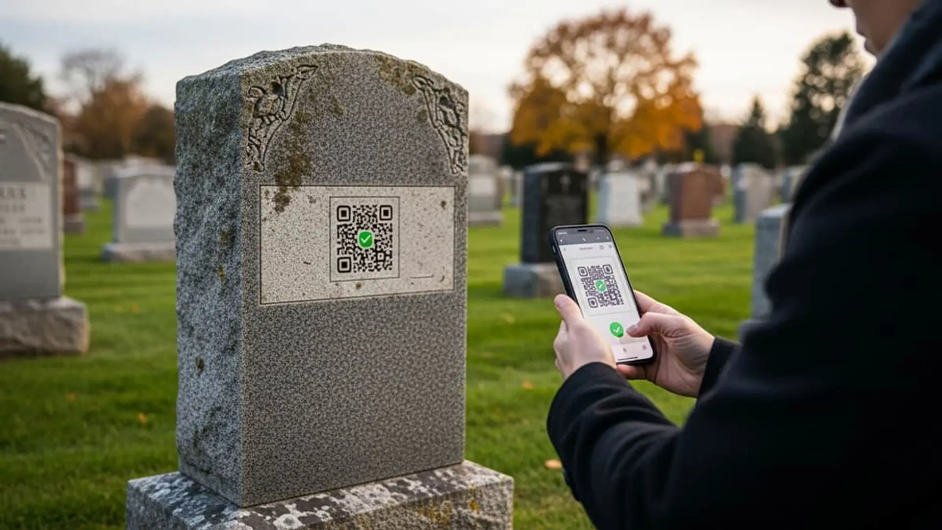 Este Halloween, las lápidas se escanean: el recuerdo va en QR con el seguro de decesos de Santalucía Persona escaneando código QR en una lápida con el móvil para acceder a memorial digital.