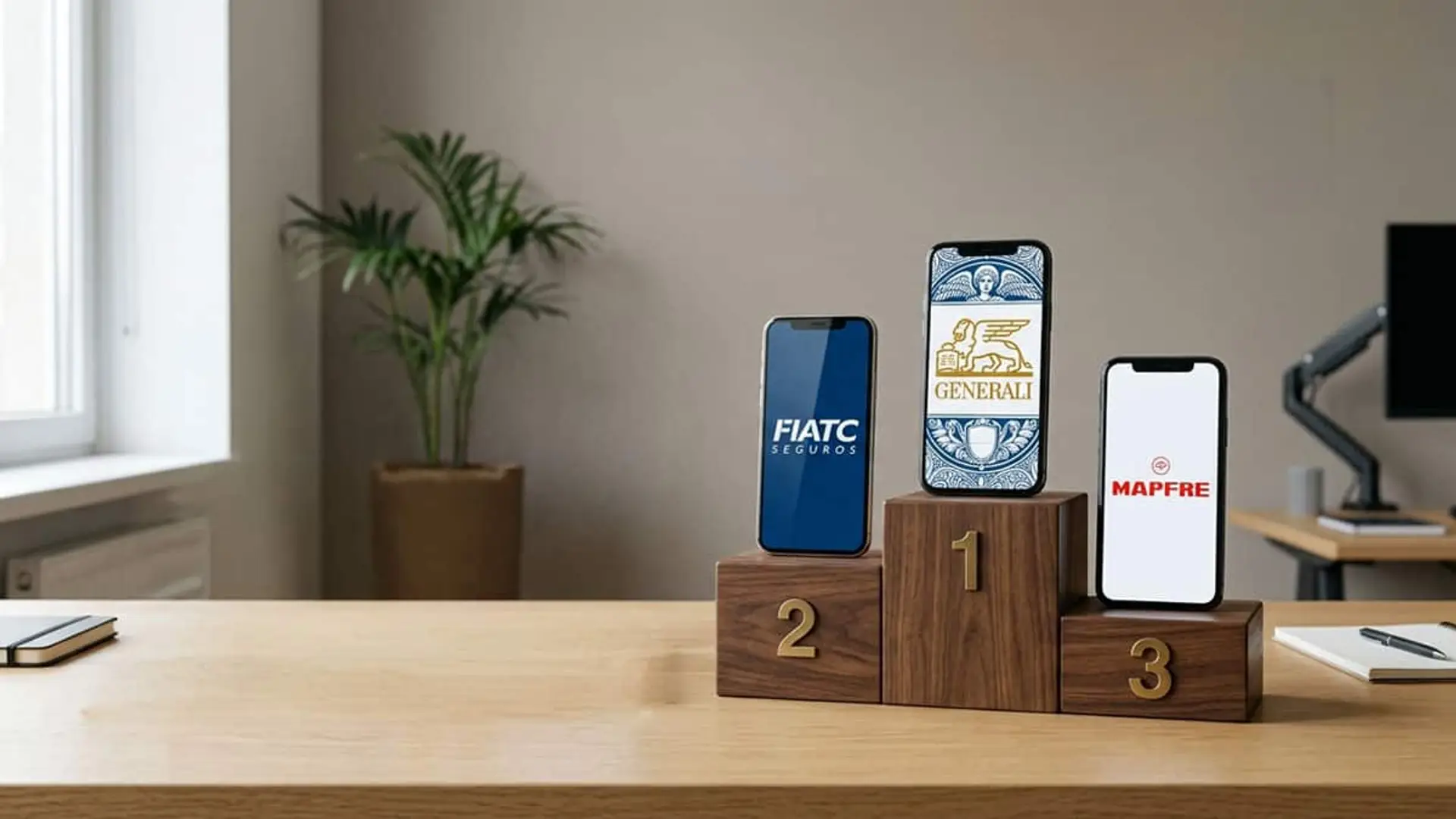 FIATC y Mapfre agitan el podio del ranking digital de aseguradoras con el liderazgo de Generali Tres móviles con los logotipos de Generali, FIATC y Mapfre colocados sobre un podio de madera numerado