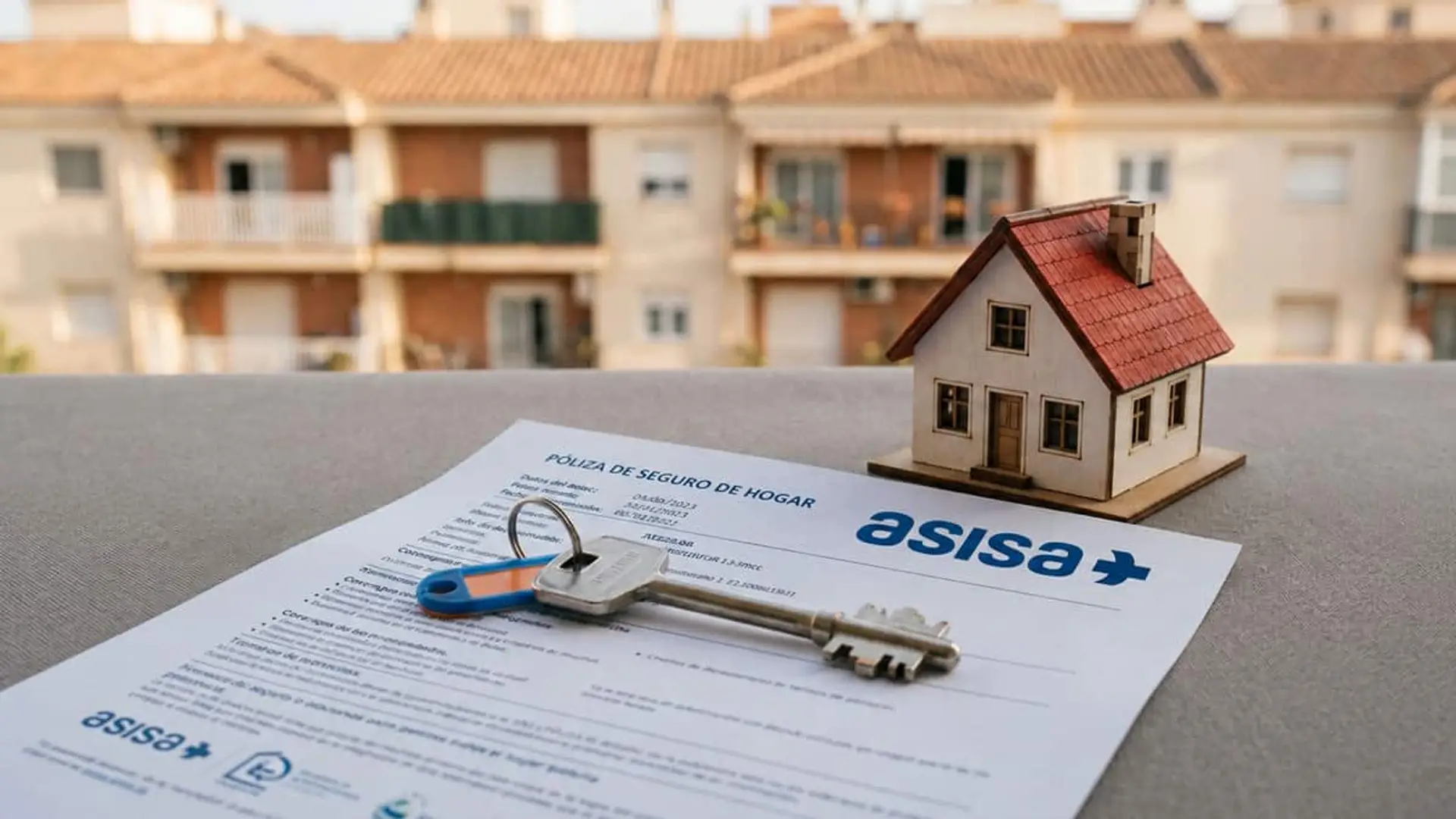 Póliza de seguro de hogar de ASISA con unas llaves y una maqueta de una casa frente a varios edificios residenciales