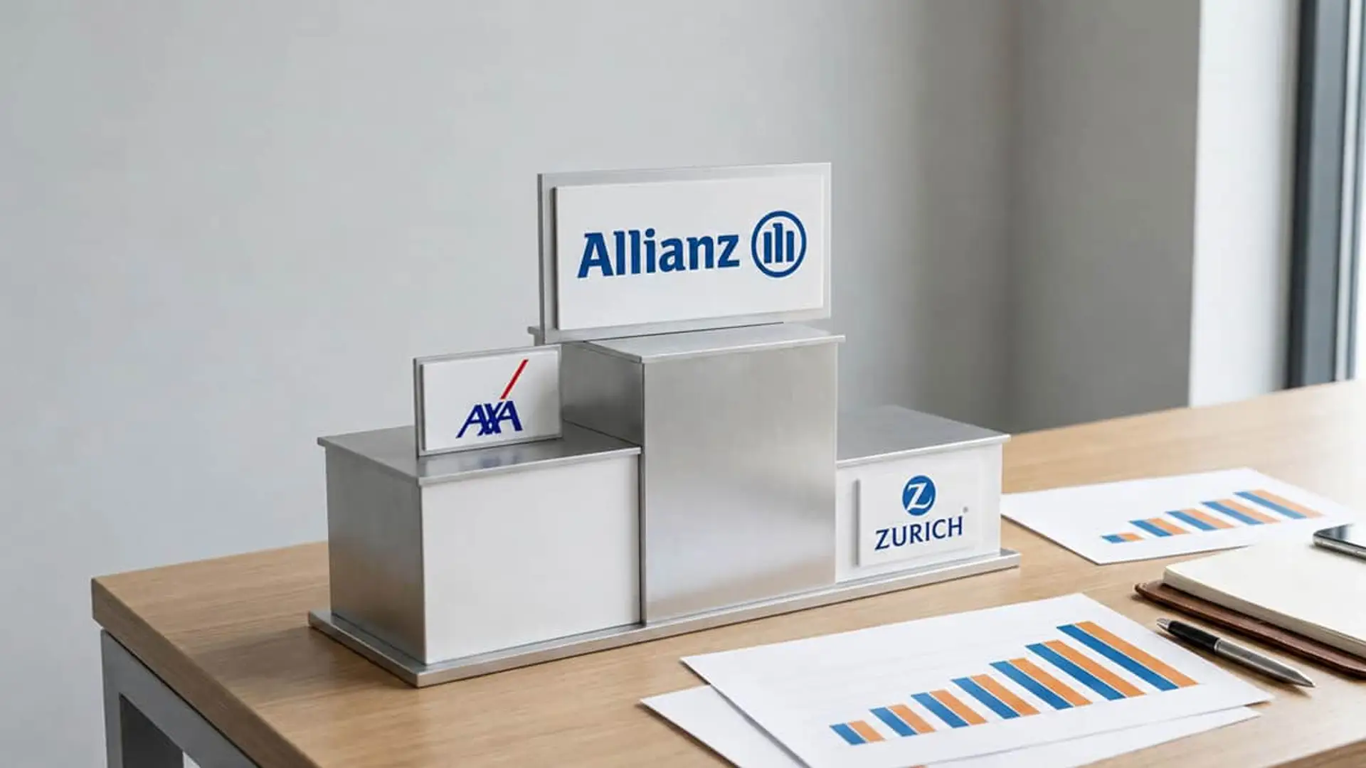 Allianz desbanca a AXA en el ranking mundial de IA aseguradora de 2026 Podio de aseguradoras Allianz, AXA y Zurich con gráficos financieros en mesa de oficina