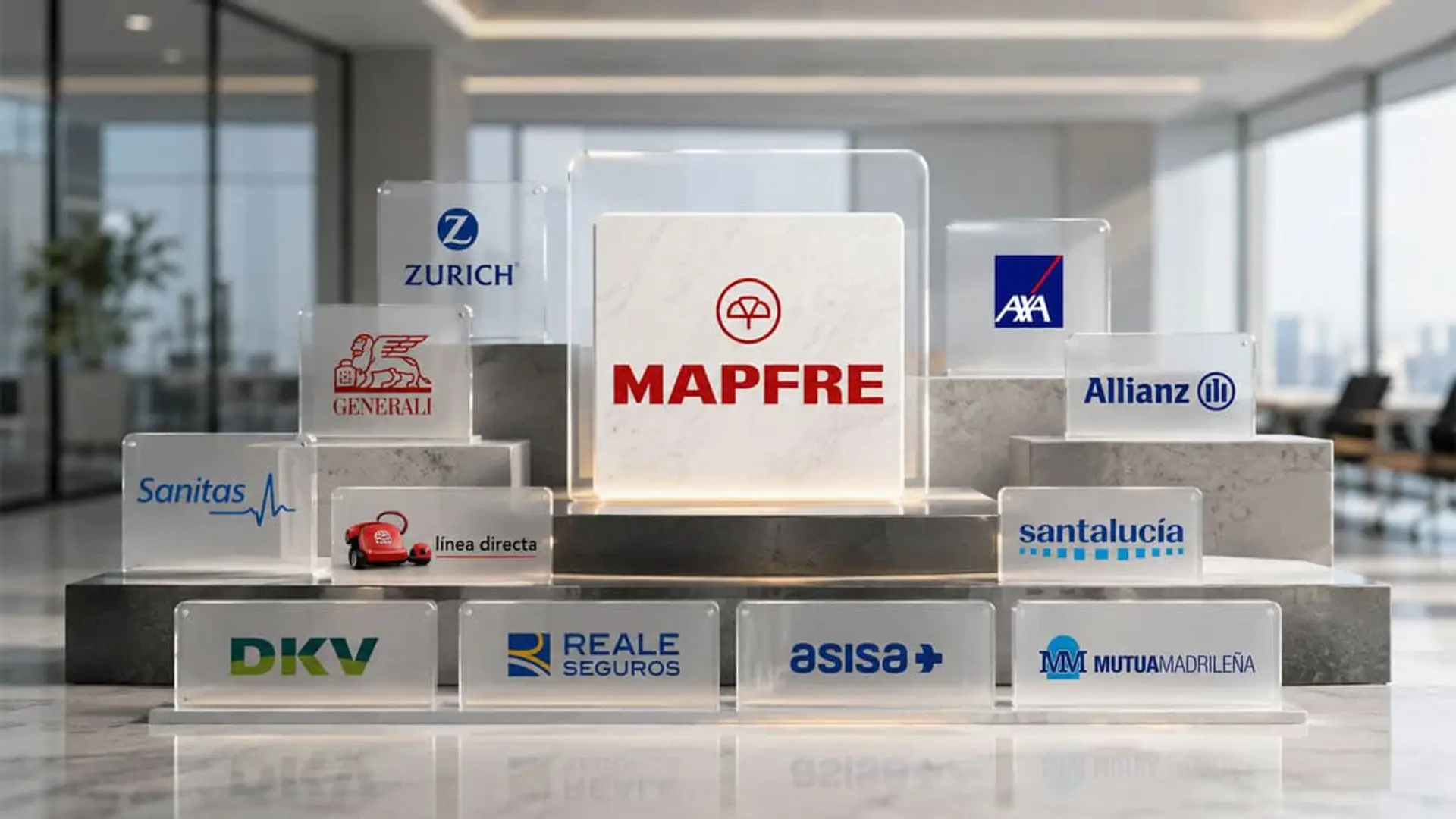 Ranking visual de Mapfre y aseguradoras líderes en España en placas acrílicas corporativas