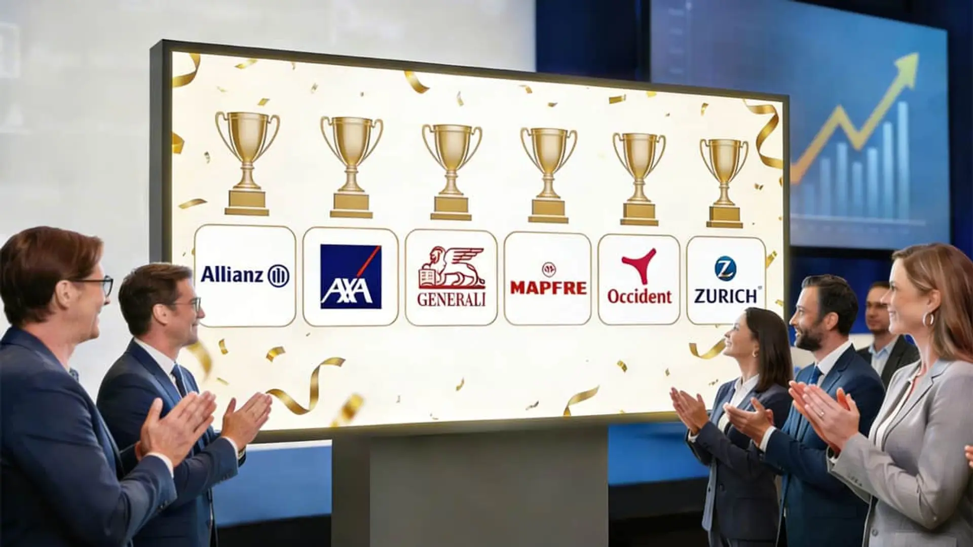 Ranking de mejores aseguradoras con logos de Allianz, AXA, Generali, Mapfre, Occident y Zurich junto a trofeos en una gala de premios.