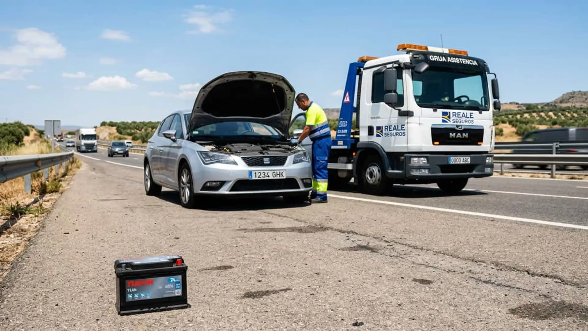 Reale Seguros registra un 23% más de fallos de motor y batería en el verano más cálido desde 1961 Operario de asistencia junto a un coche averiado con el capó abierto, una grúa de Reale Seguros y una batería Tudor en la carretera.