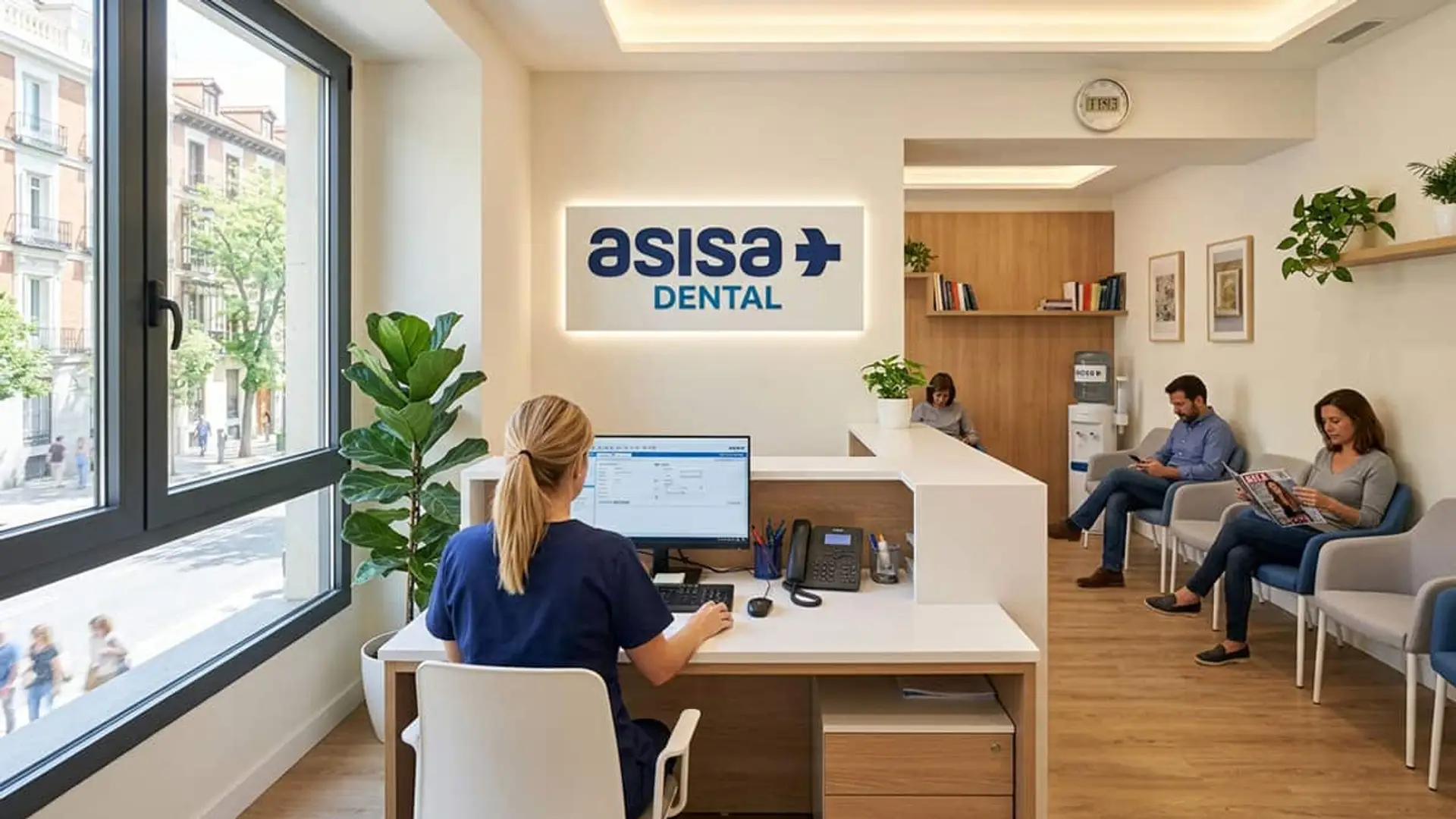 ASISA Dental abre nuevas clínicas en Madrid, roza las 50 en España y prepara un laboratorio propio Recepción de una clínica Asisa Dental con una trabajadora frente al ordenador y varias personas en la sala de espera