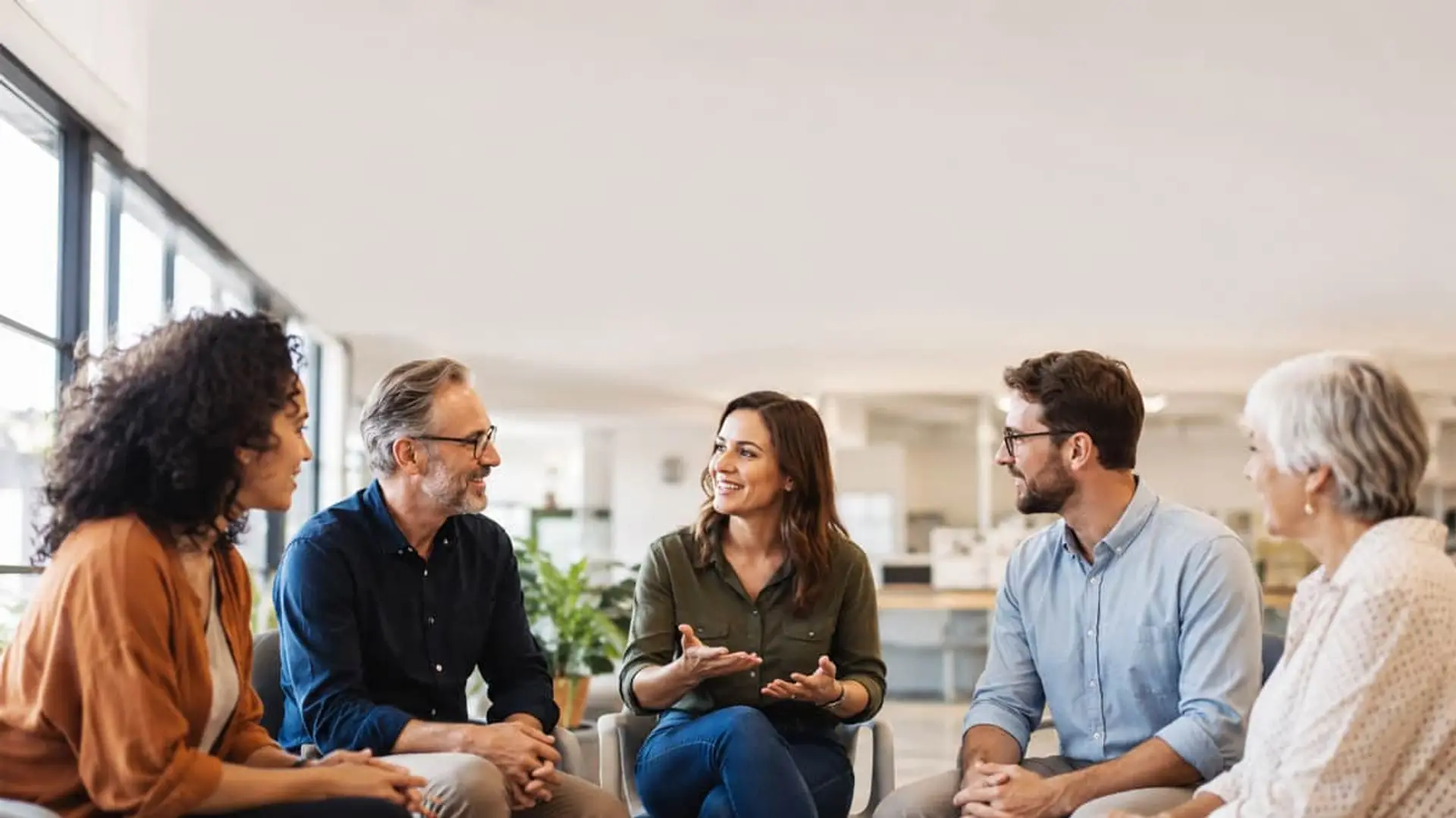 Grupo de profesionales diversos reunidos en círculo manteniendo una conversación en un espacio de trabajo moderno