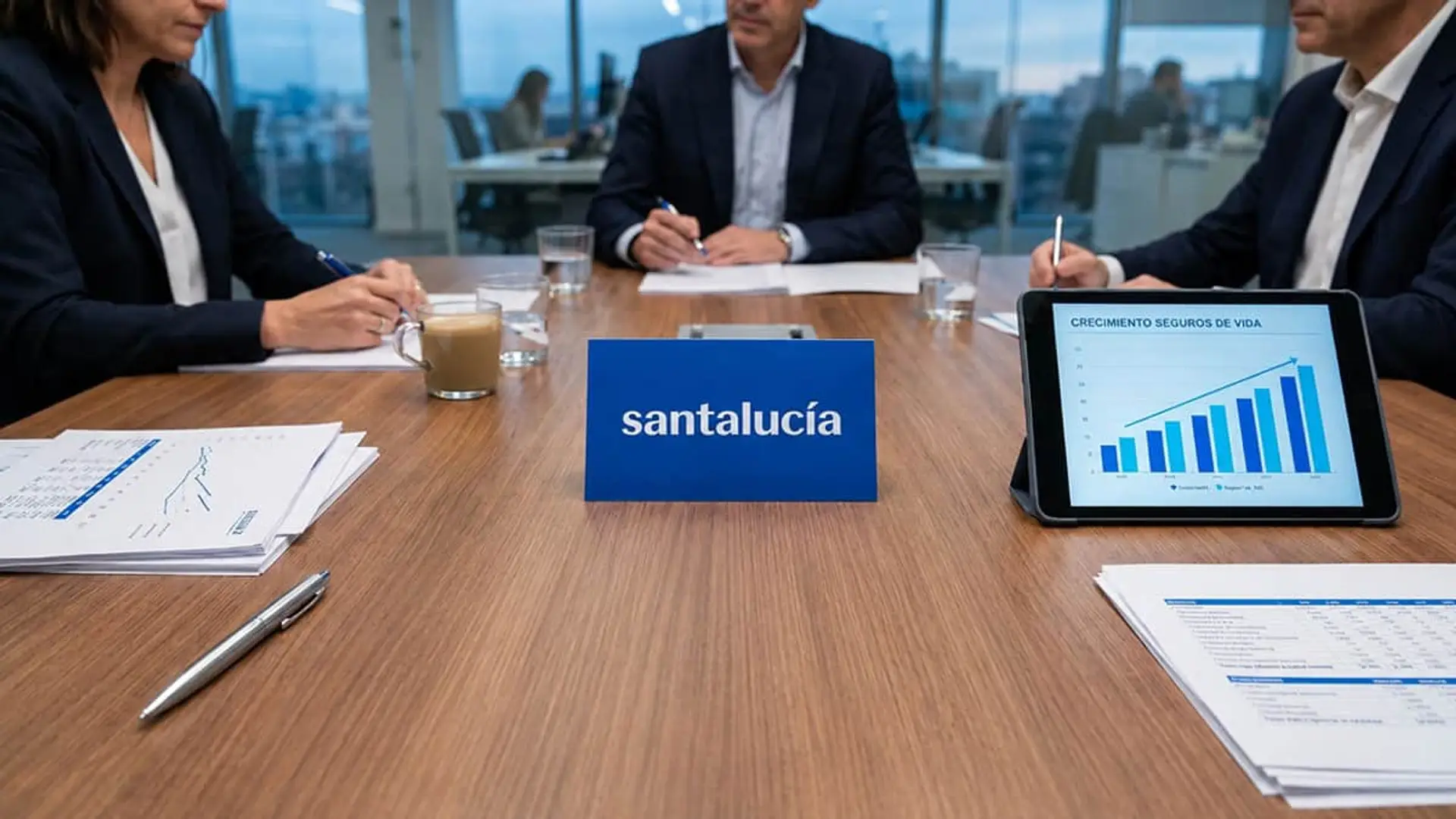 Santalucía apuesta por Vida-Ahorro y abre frente en bancaseguros con tres nuevos cargos Reunión de Santalucía sobre crecimiento de seguros de vida con gráficos y documentos