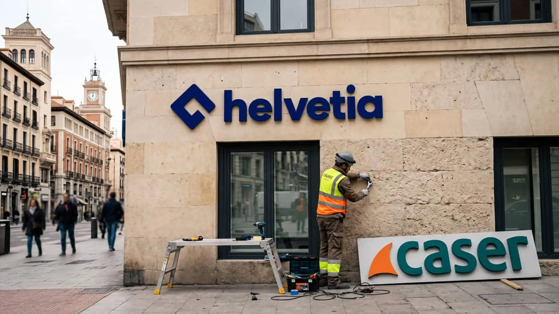 Operario trabajando en la fachada de un edificio con el logotipo de Helvetia y un antiguo rótulo de Caser apoyado en el suelo.